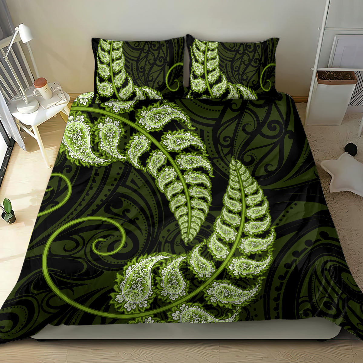 Green New Zealand Paisley Silver Fern Bedding Set Aotearoa Maori - Vibe Hoodie Shop