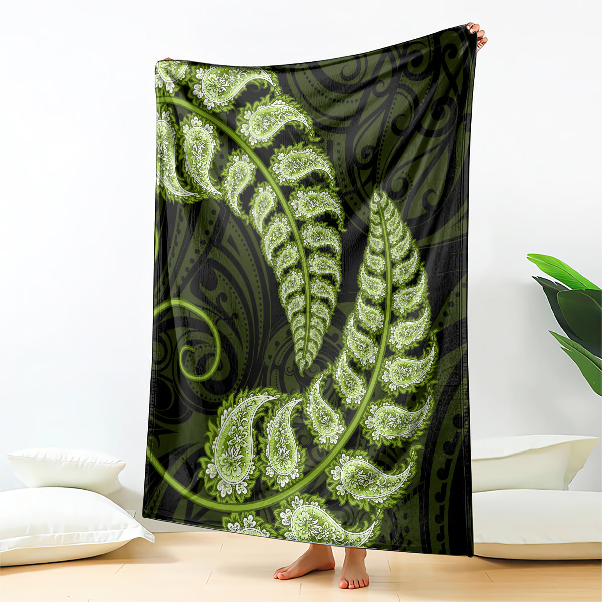 Green New Zealand Paisley Silver Fern Blanket Aotearoa Maori - Vibe Hoodie Shop