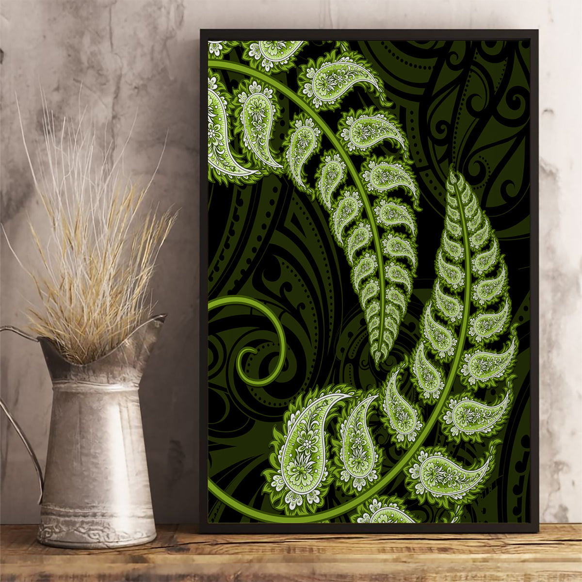 green-new-zealand-paisley-silver-fern-canvas-wall-art-aotearoa-maori