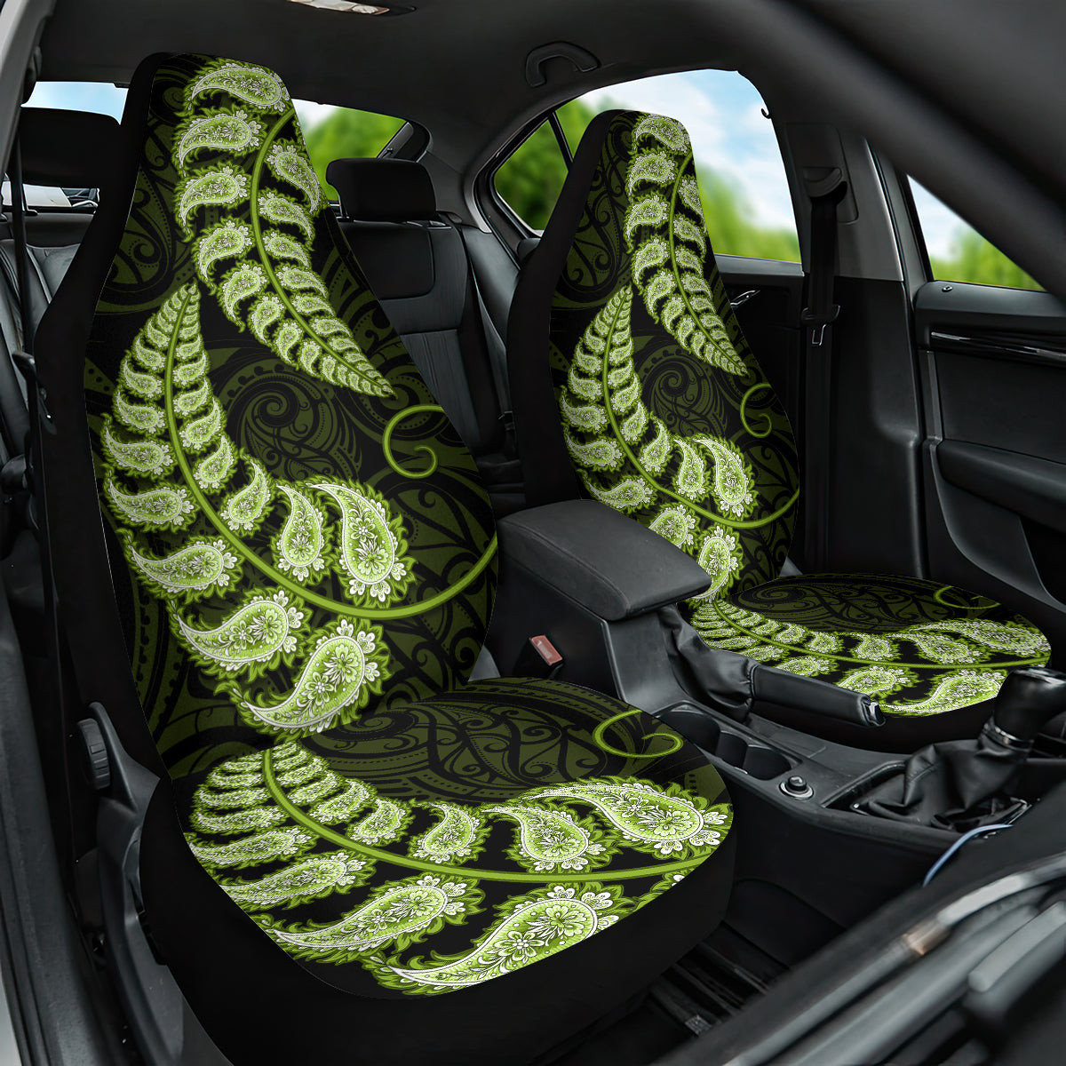 Green New Zealand Paisley Silver Fern Car Seat Cover Aotearoa Maori - Vibe Hoodie Shop