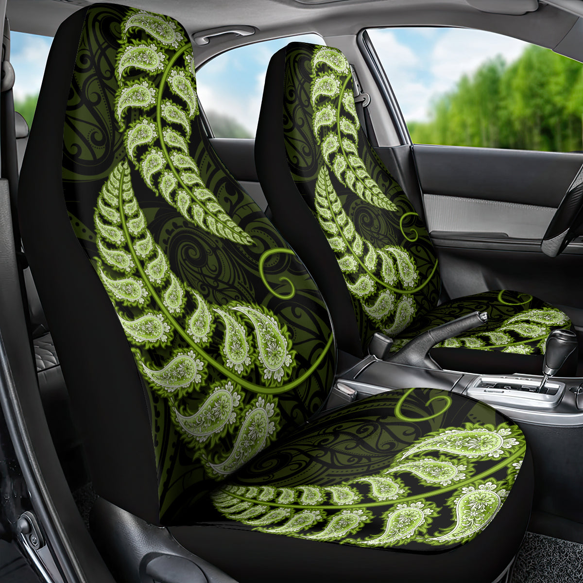 Green New Zealand Paisley Silver Fern Car Seat Cover Aotearoa Maori - Vibe Hoodie Shop