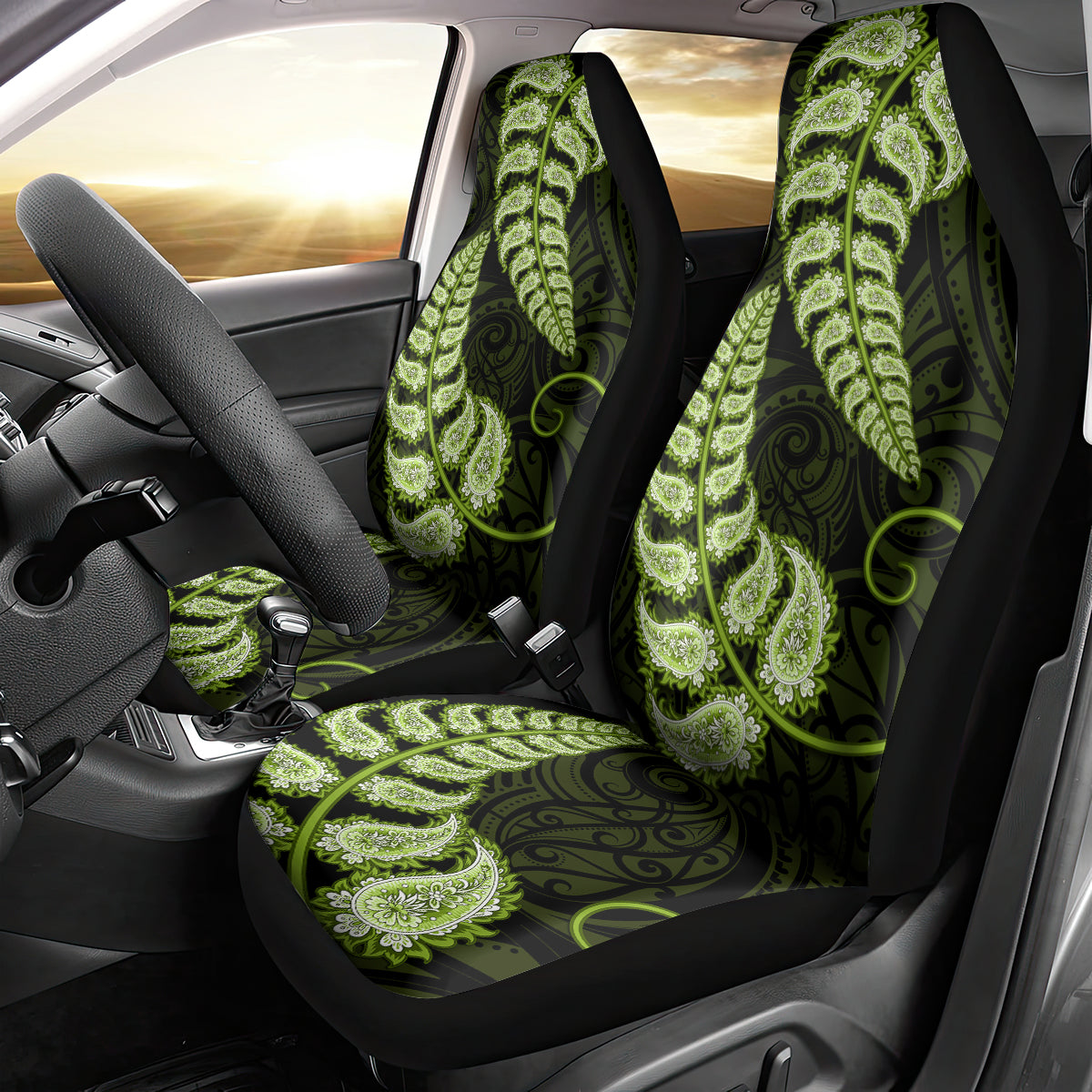 Green New Zealand Paisley Silver Fern Car Seat Cover Aotearoa Maori - Vibe Hoodie Shop