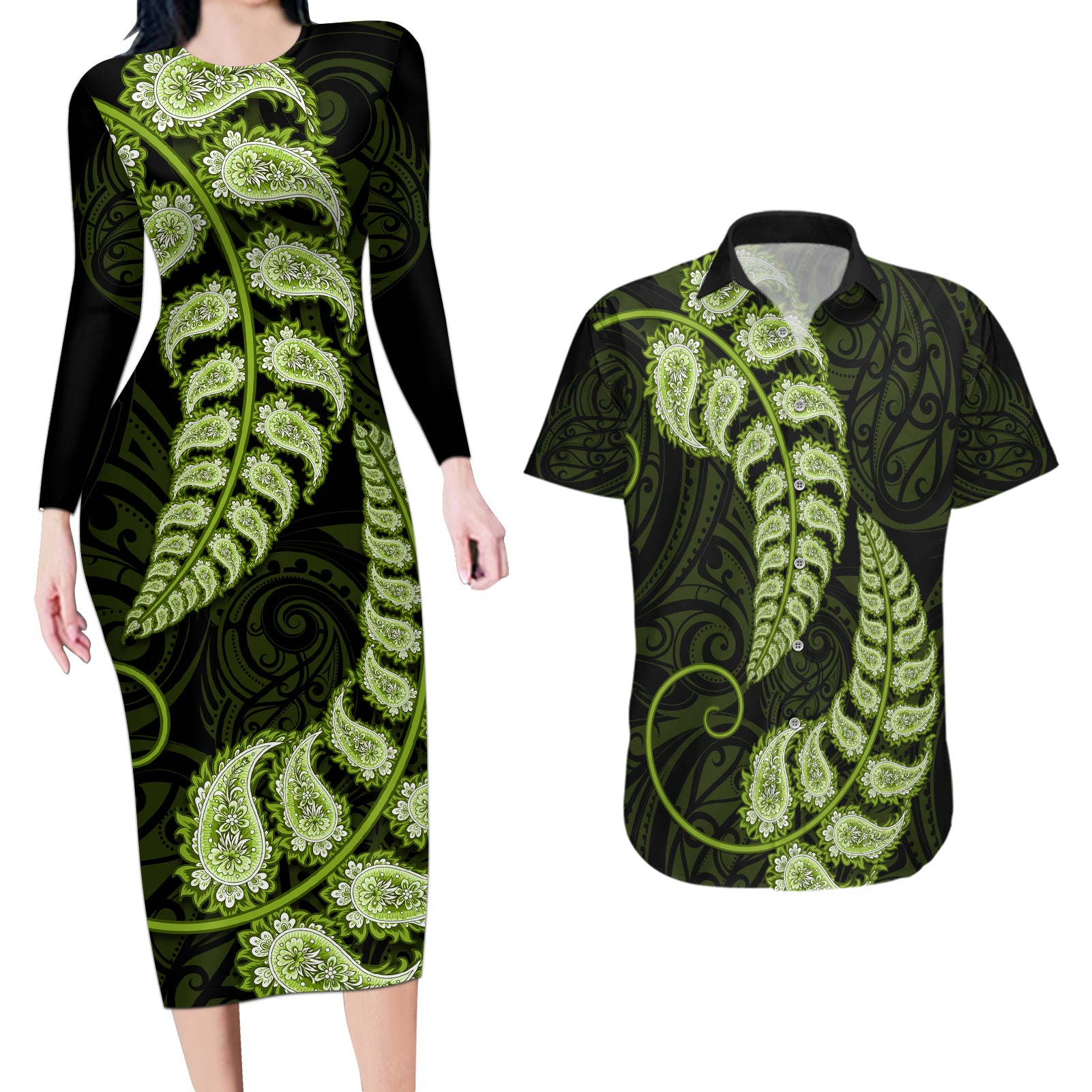 green-new-zealand-paisley-silver-fern-couples-matching-long-sleeve-bodycon-dress-and-hawaiian-shirt-aotearoa-maori