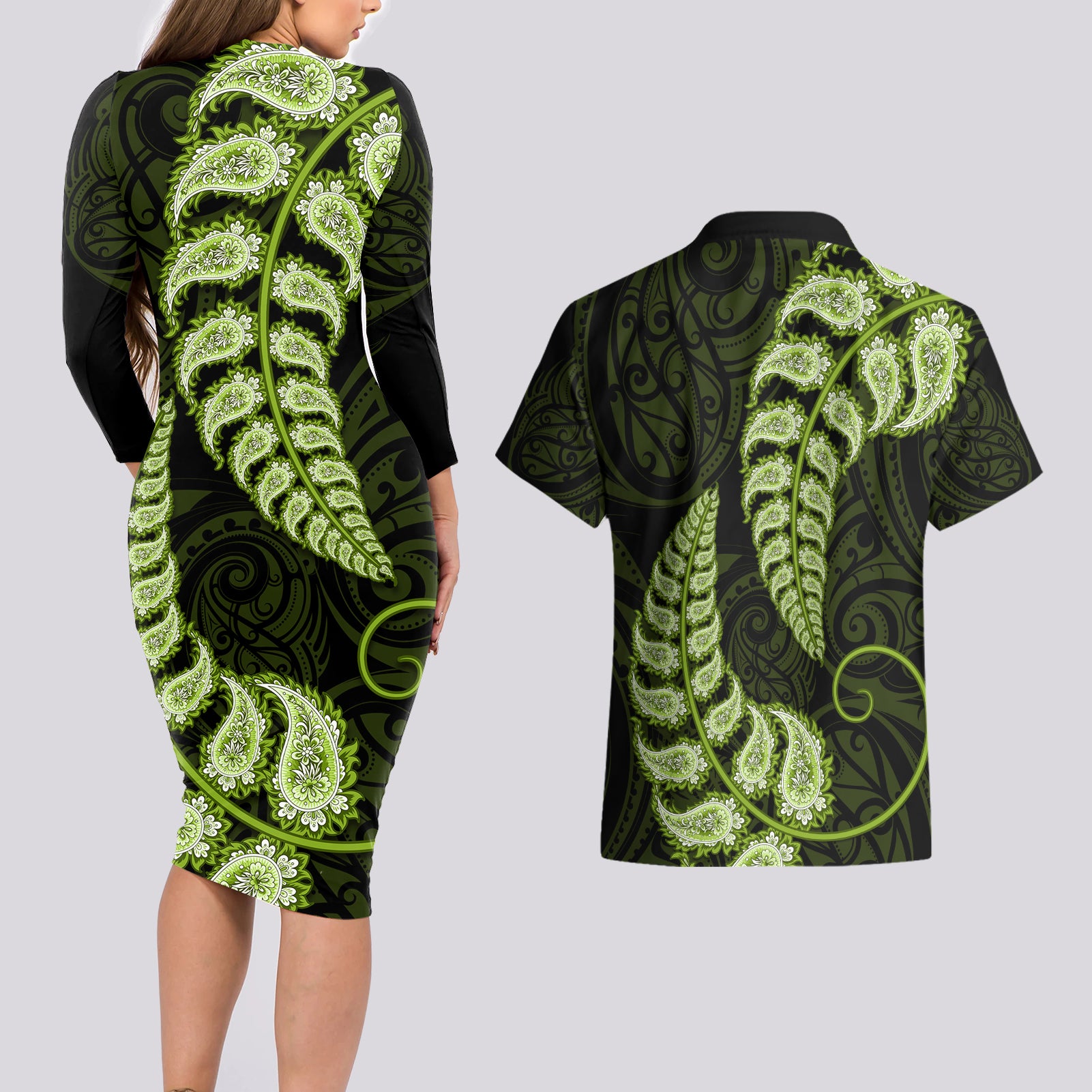 green-new-zealand-paisley-silver-fern-couples-matching-long-sleeve-bodycon-dress-and-hawaiian-shirt-aotearoa-maori