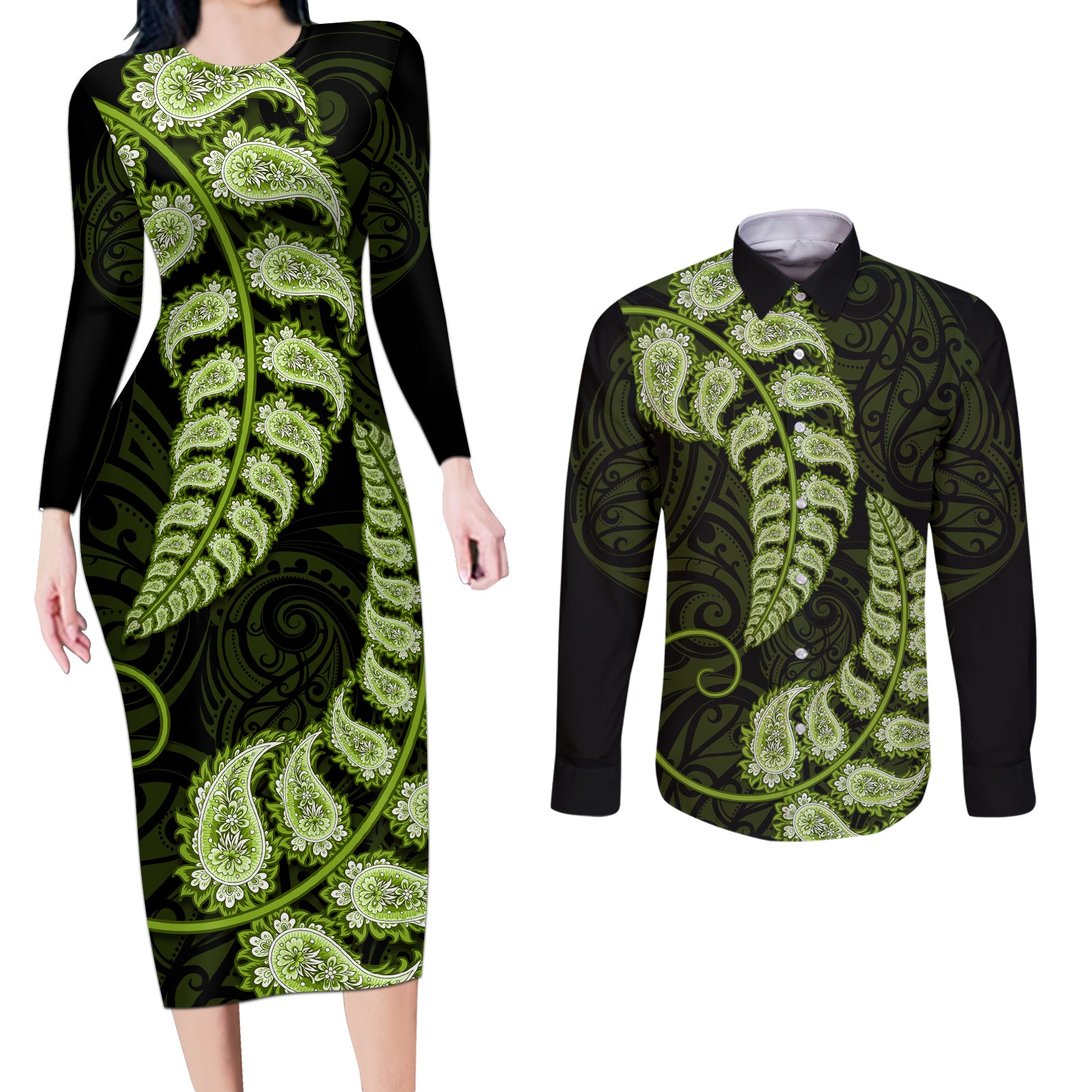 green-new-zealand-paisley-silver-fern-couples-matching-long-sleeve-bodycon-dress-and-long-sleeve-button-shirt-aotearoa-maori