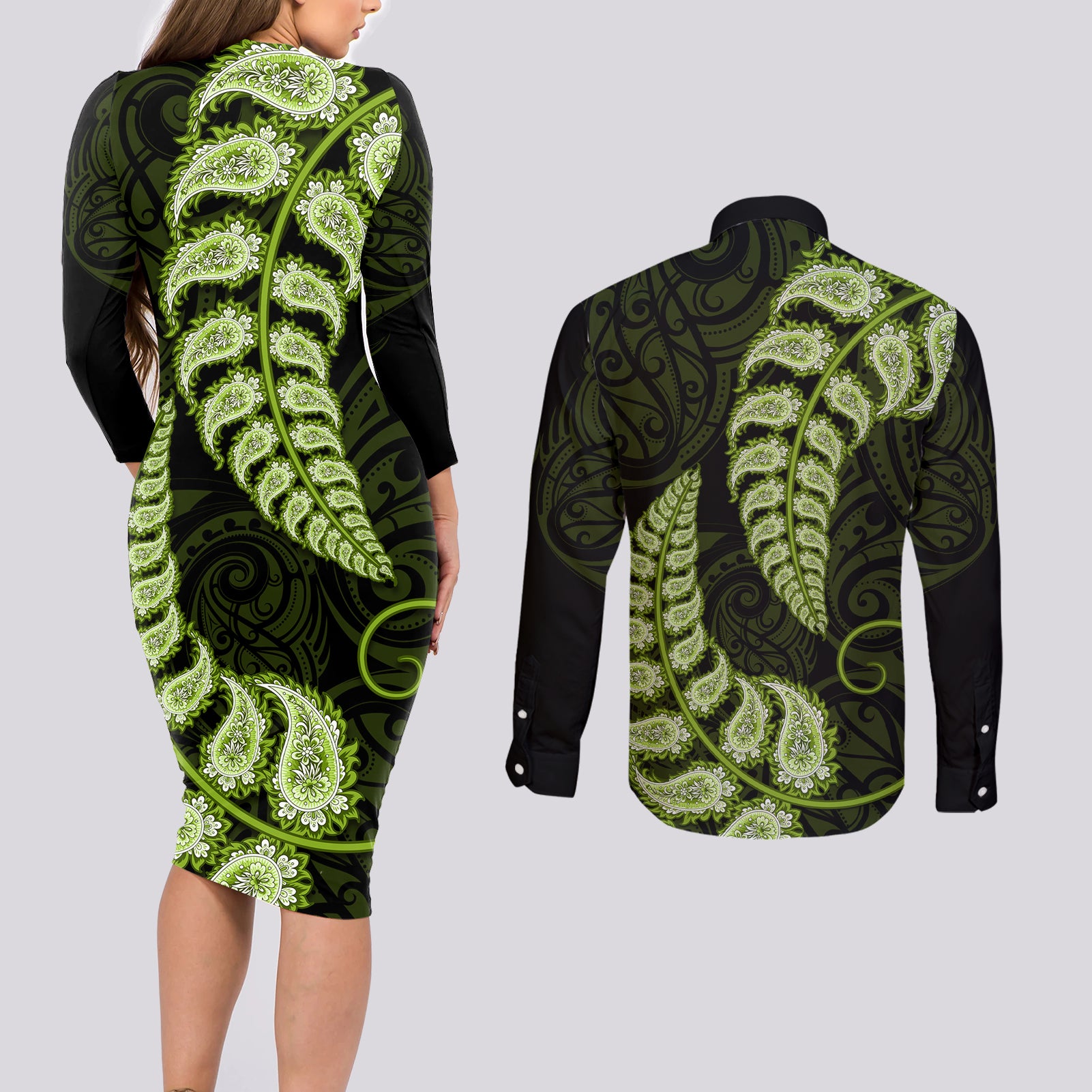 green-new-zealand-paisley-silver-fern-couples-matching-long-sleeve-bodycon-dress-and-long-sleeve-button-shirt-aotearoa-maori