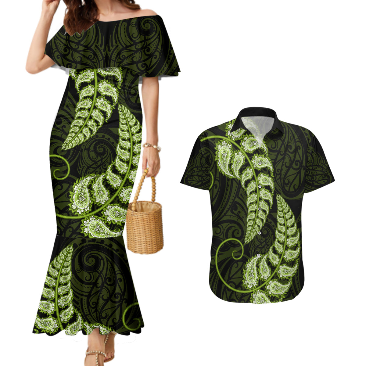 green-new-zealand-paisley-silver-fern-couples-matching-mermaid-dress-and-hawaiian-shirt-aotearoa-maori