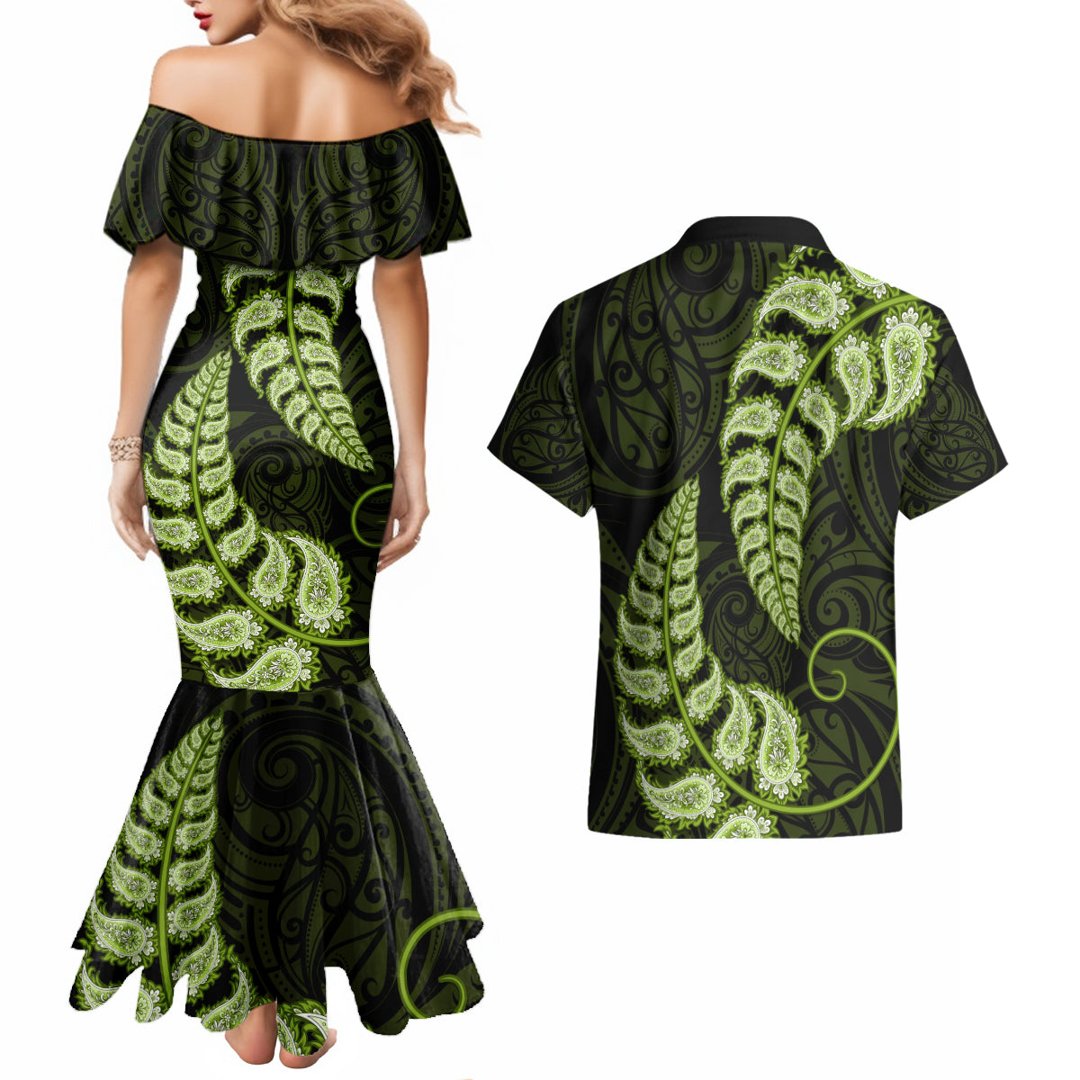 green-new-zealand-paisley-silver-fern-couples-matching-mermaid-dress-and-hawaiian-shirt-aotearoa-maori