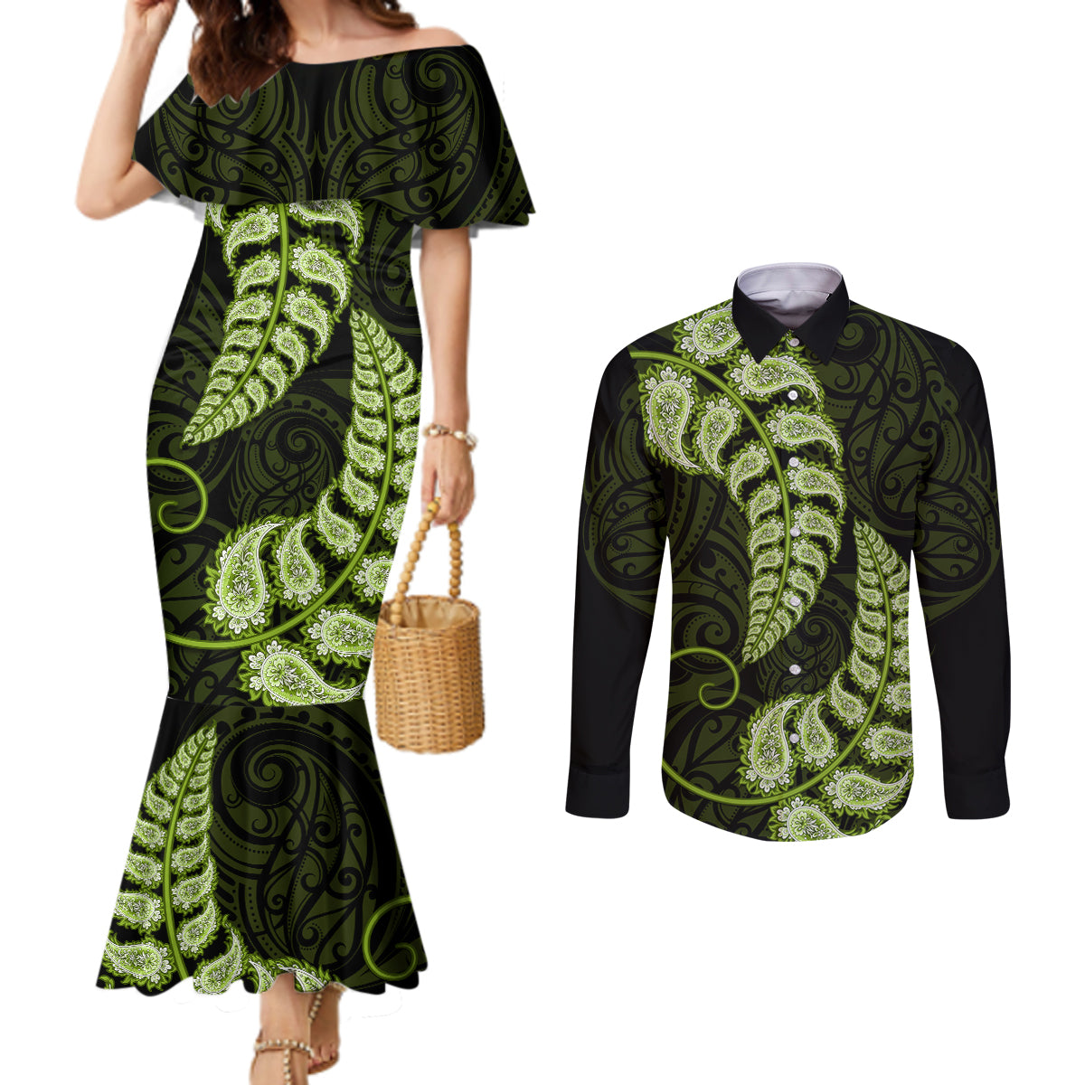 green-new-zealand-paisley-silver-fern-couples-matching-mermaid-dress-and-long-sleeve-button-shirt-aotearoa-maori