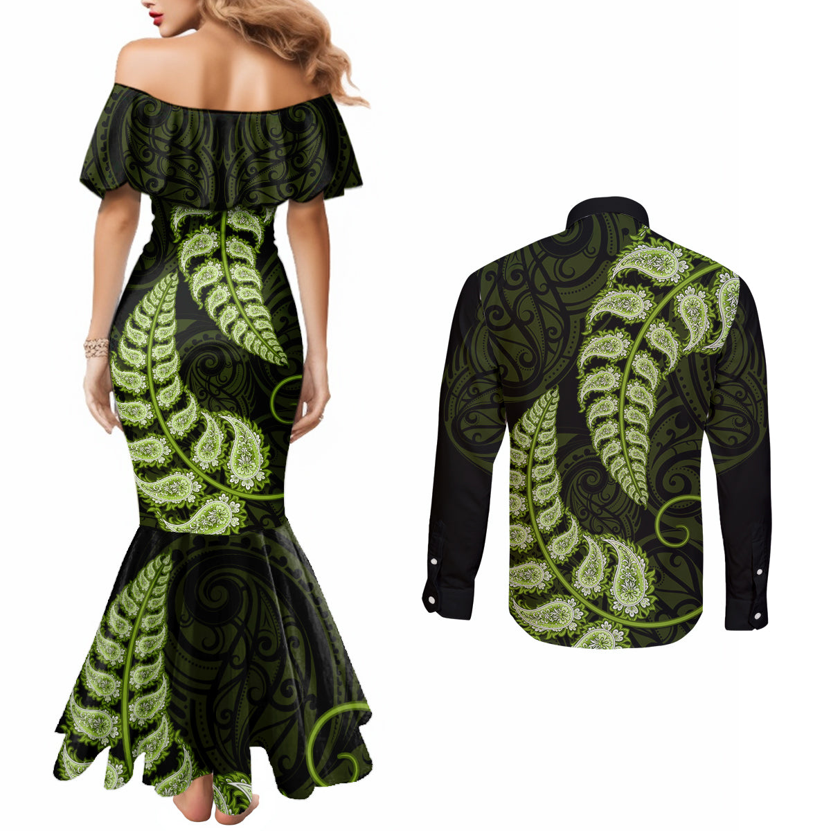 green-new-zealand-paisley-silver-fern-couples-matching-mermaid-dress-and-long-sleeve-button-shirt-aotearoa-maori