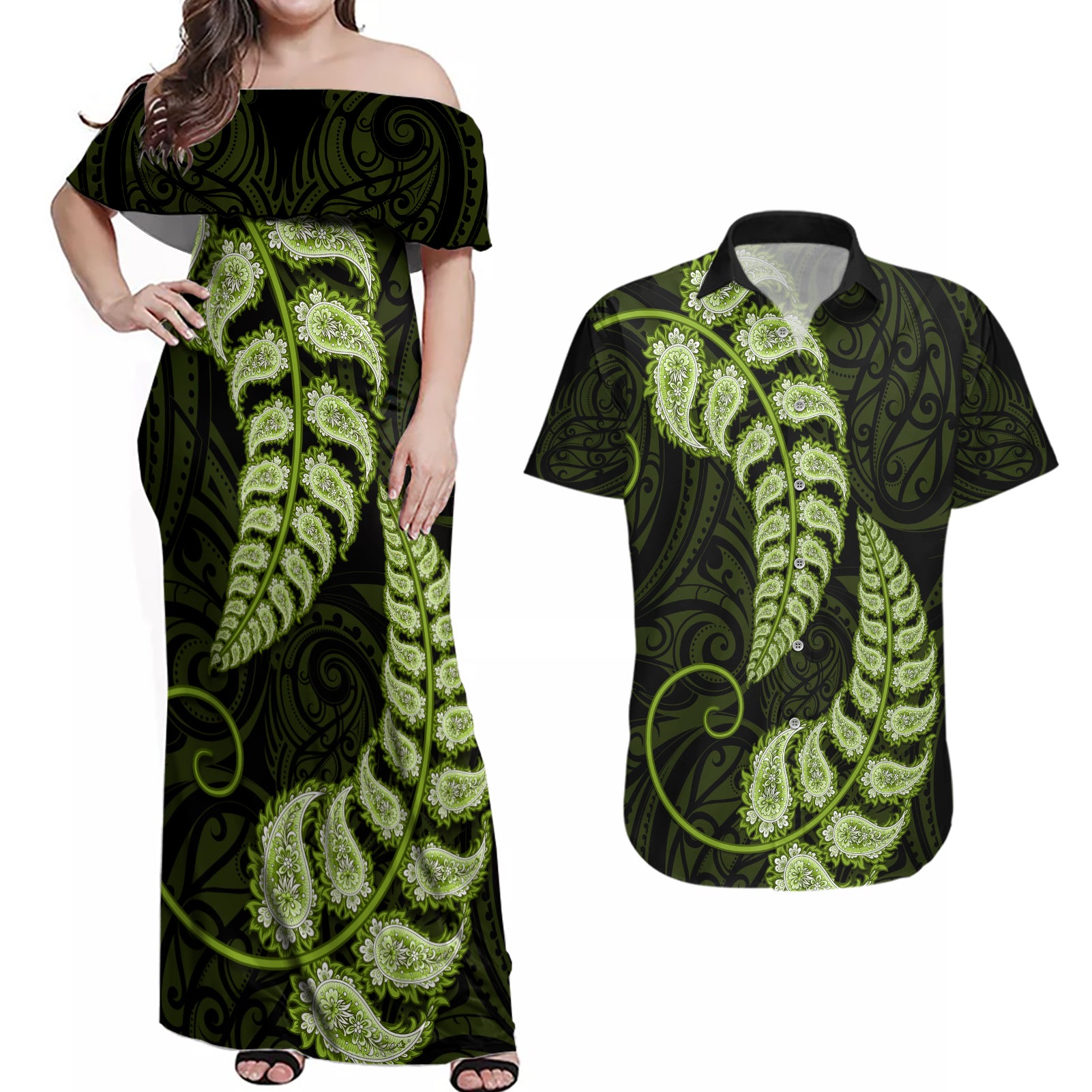 green-new-zealand-paisley-silver-fern-couples-matching-off-shoulder-maxi-dress-and-hawaiian-shirt-aotearoa-maori