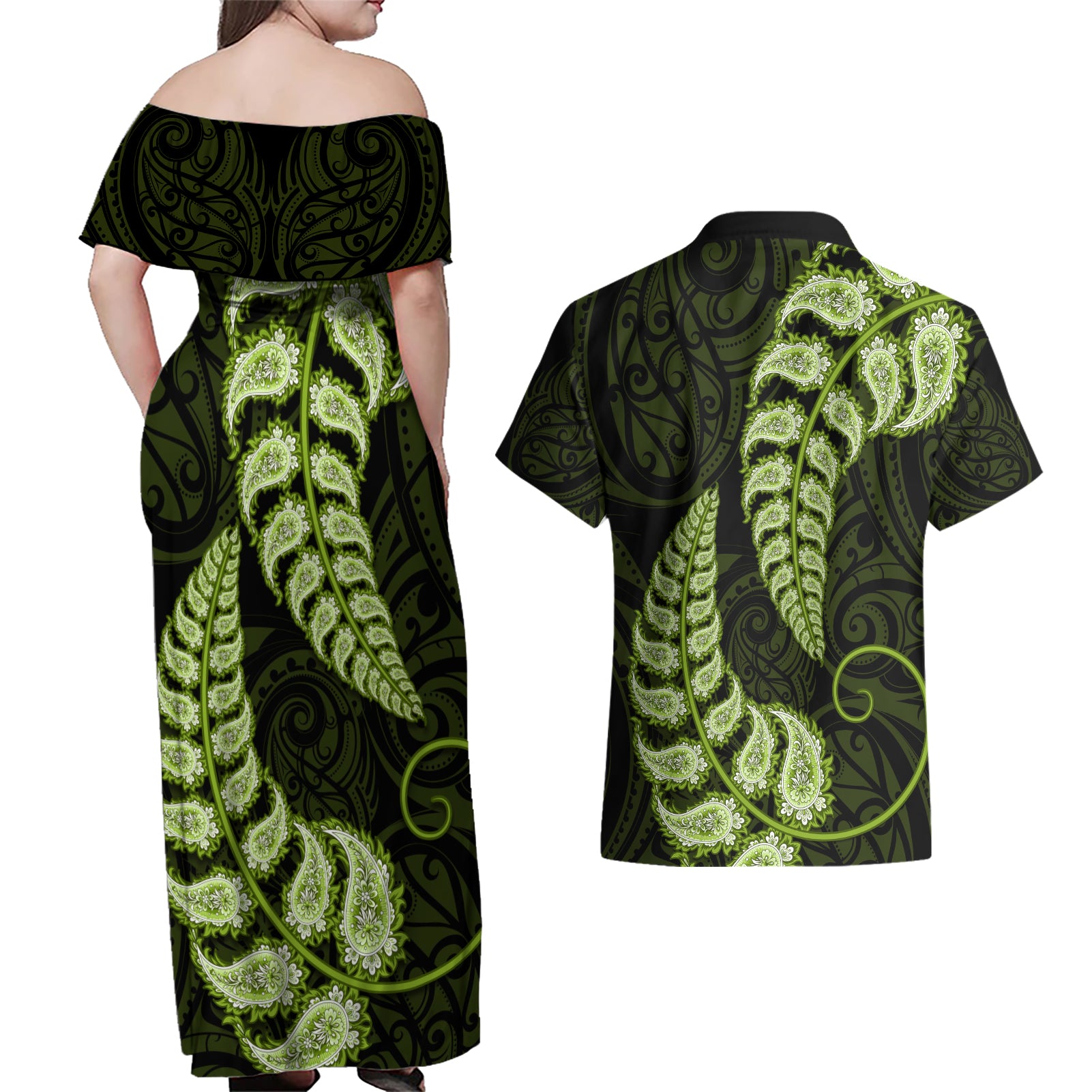 green-new-zealand-paisley-silver-fern-couples-matching-off-shoulder-maxi-dress-and-hawaiian-shirt-aotearoa-maori