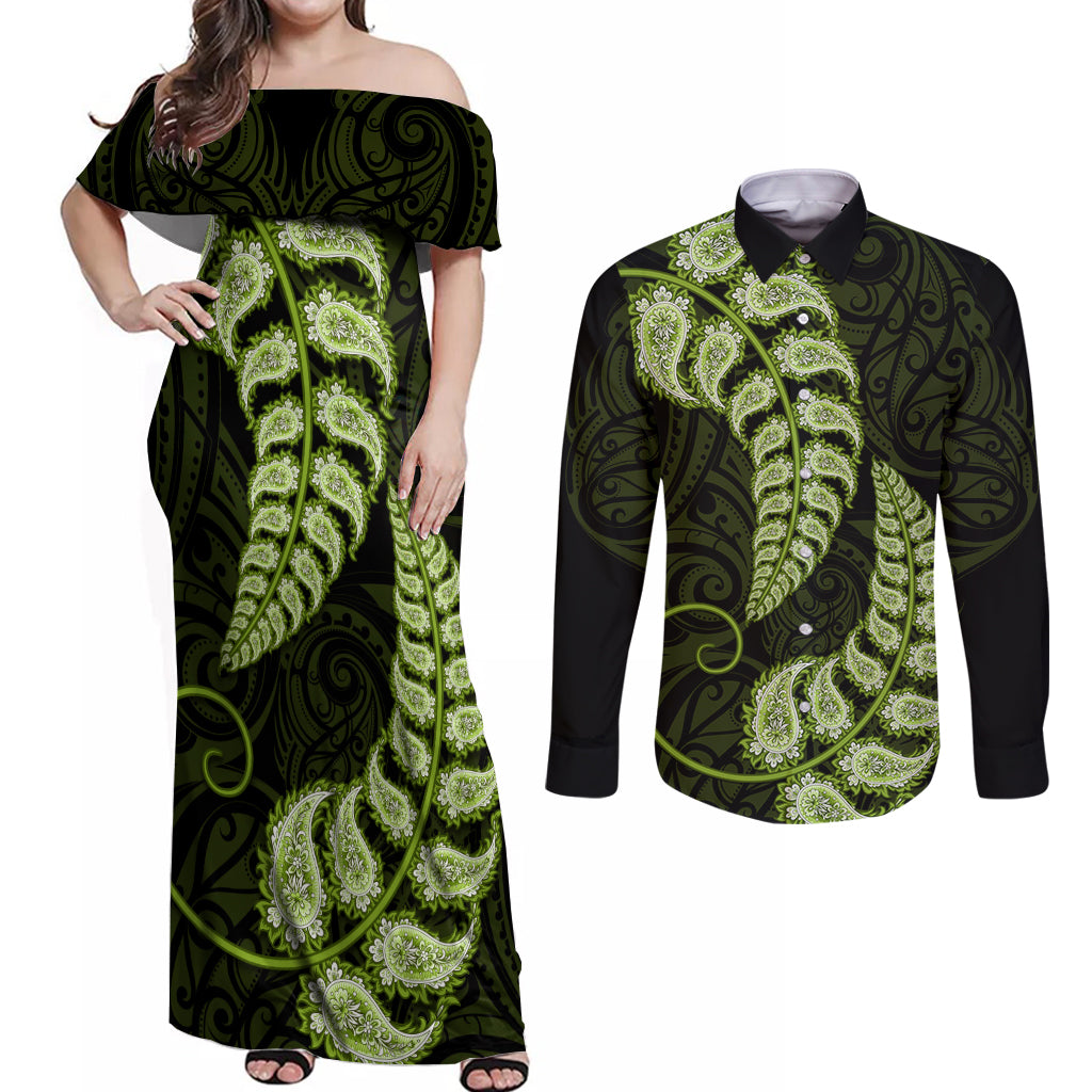 green-new-zealand-paisley-silver-fern-couples-matching-off-shoulder-maxi-dress-and-long-sleeve-button-shirt-aotearoa-maori