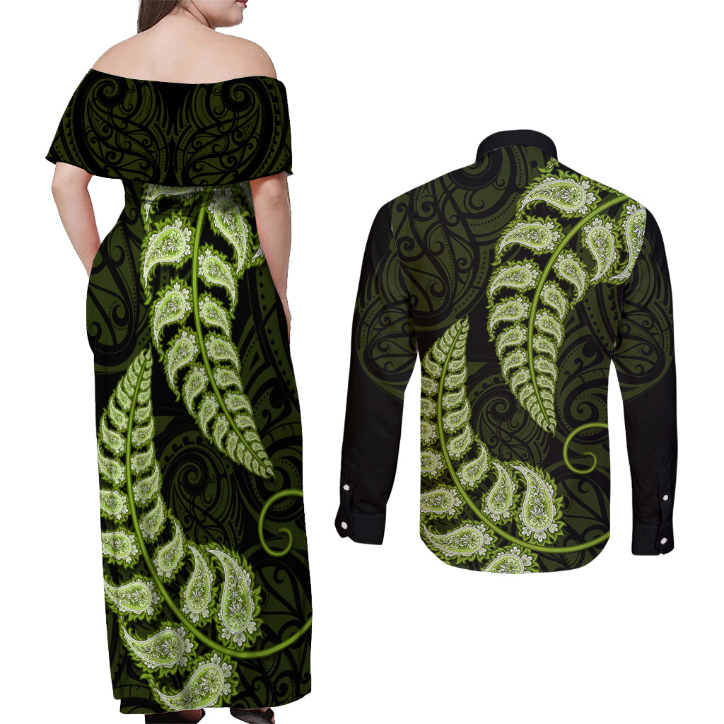 green-new-zealand-paisley-silver-fern-couples-matching-off-shoulder-maxi-dress-and-long-sleeve-button-shirt-aotearoa-maori