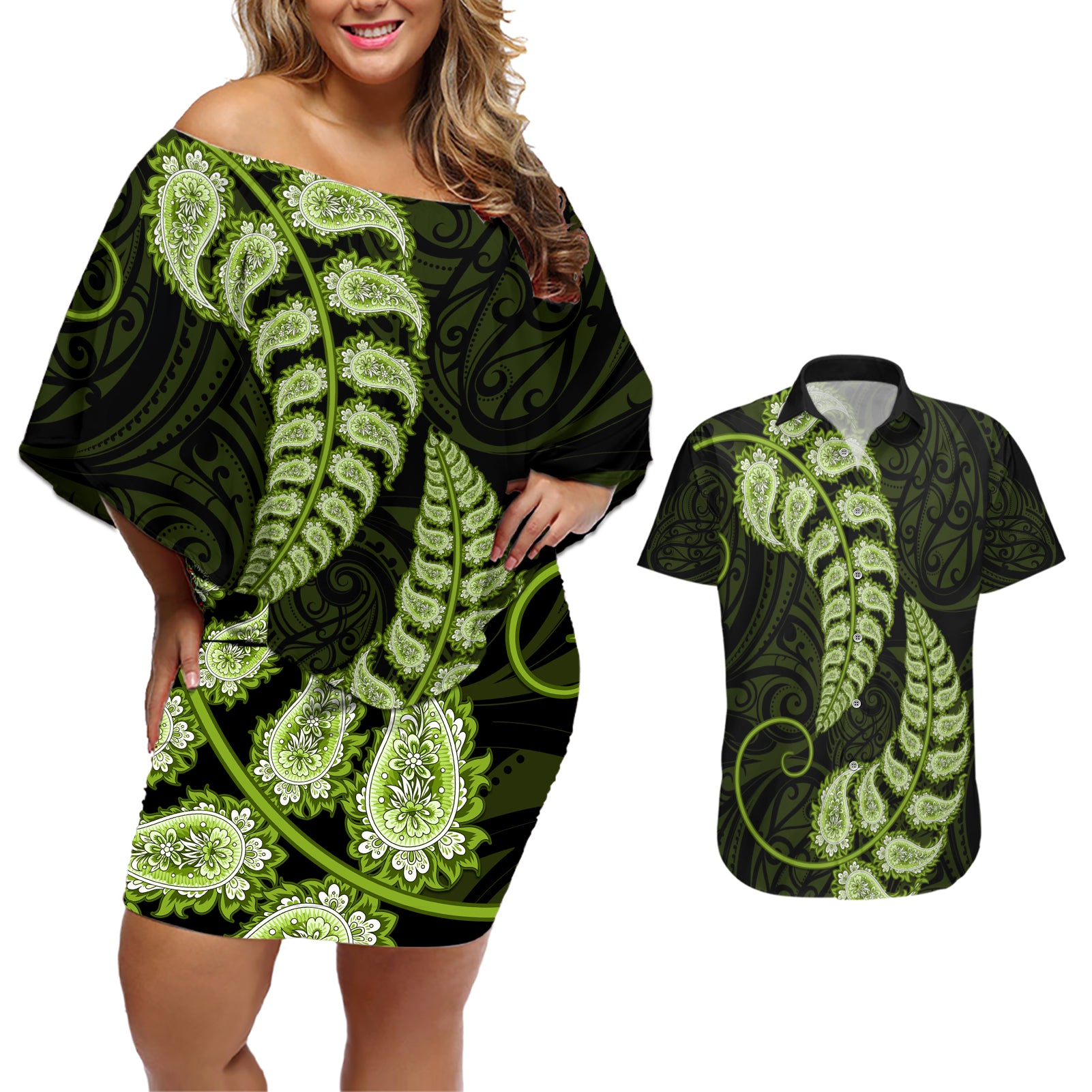 green-new-zealand-paisley-silver-fern-couples-matching-off-shoulder-short-dress-and-hawaiian-shirt-aotearoa-maori