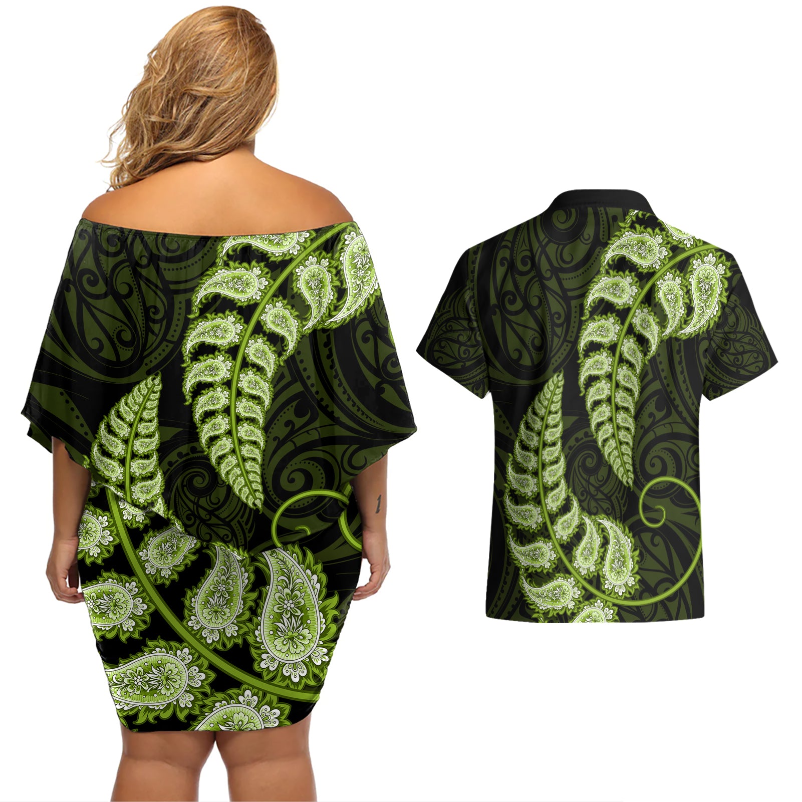 green-new-zealand-paisley-silver-fern-couples-matching-off-shoulder-short-dress-and-hawaiian-shirt-aotearoa-maori