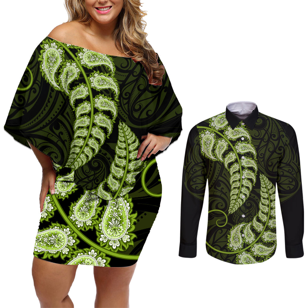 green-new-zealand-paisley-silver-fern-couples-matching-off-shoulder-short-dress-and-long-sleeve-button-shirt-aotearoa-maori