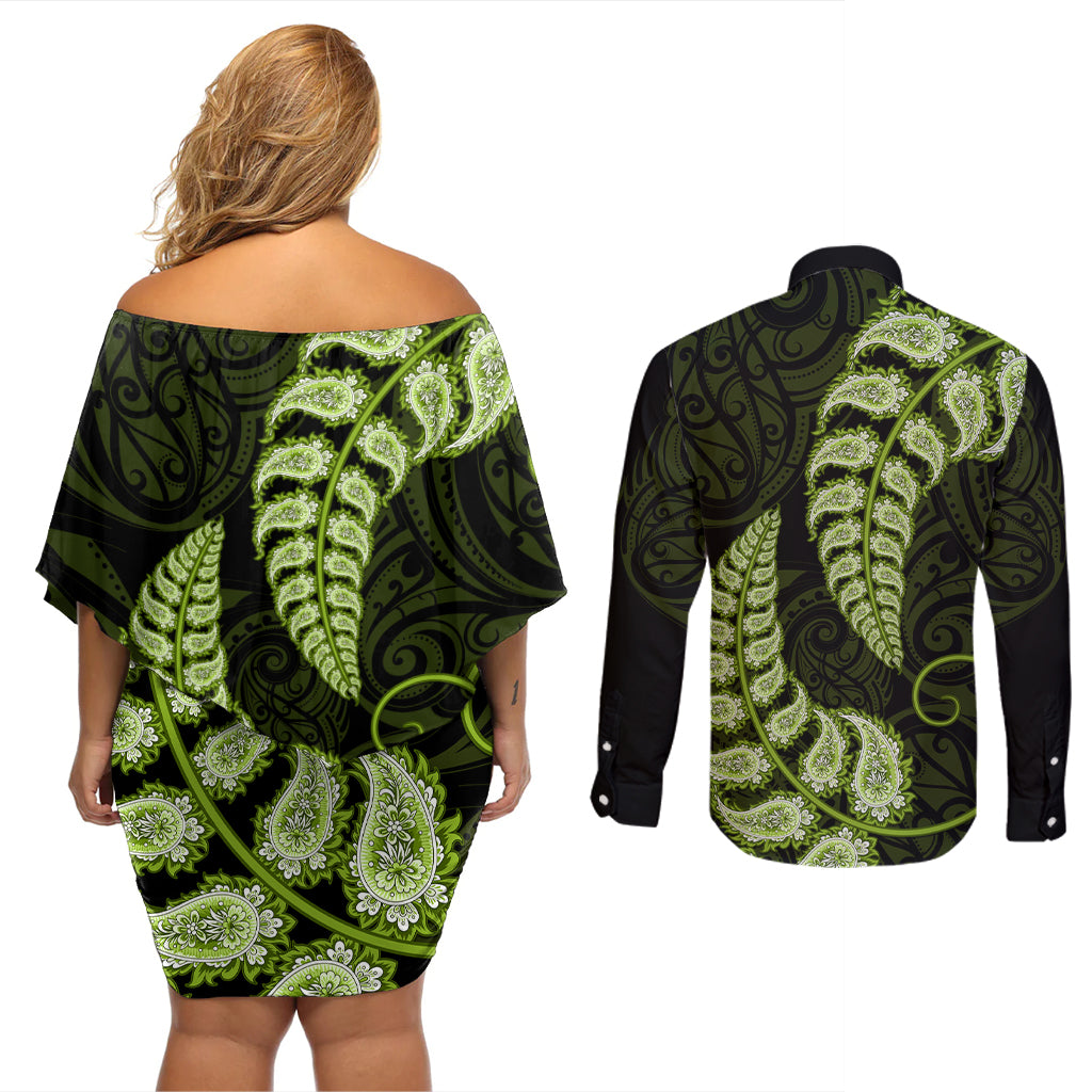 green-new-zealand-paisley-silver-fern-couples-matching-off-shoulder-short-dress-and-long-sleeve-button-shirt-aotearoa-maori