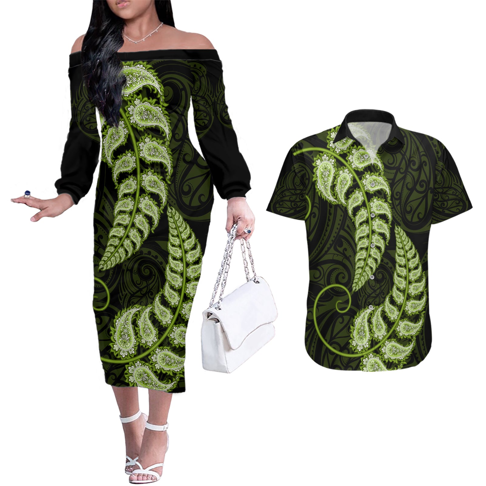 green-new-zealand-paisley-silver-fern-couples-matching-off-the-shoulder-long-sleeve-dress-and-hawaiian-shirt-aotearoa-maori