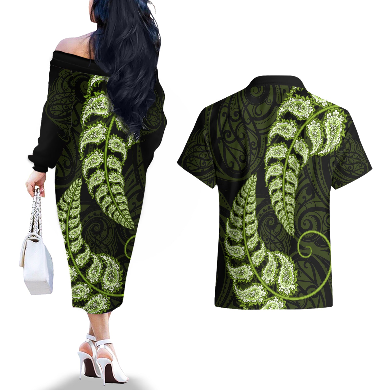 green-new-zealand-paisley-silver-fern-couples-matching-off-the-shoulder-long-sleeve-dress-and-hawaiian-shirt-aotearoa-maori