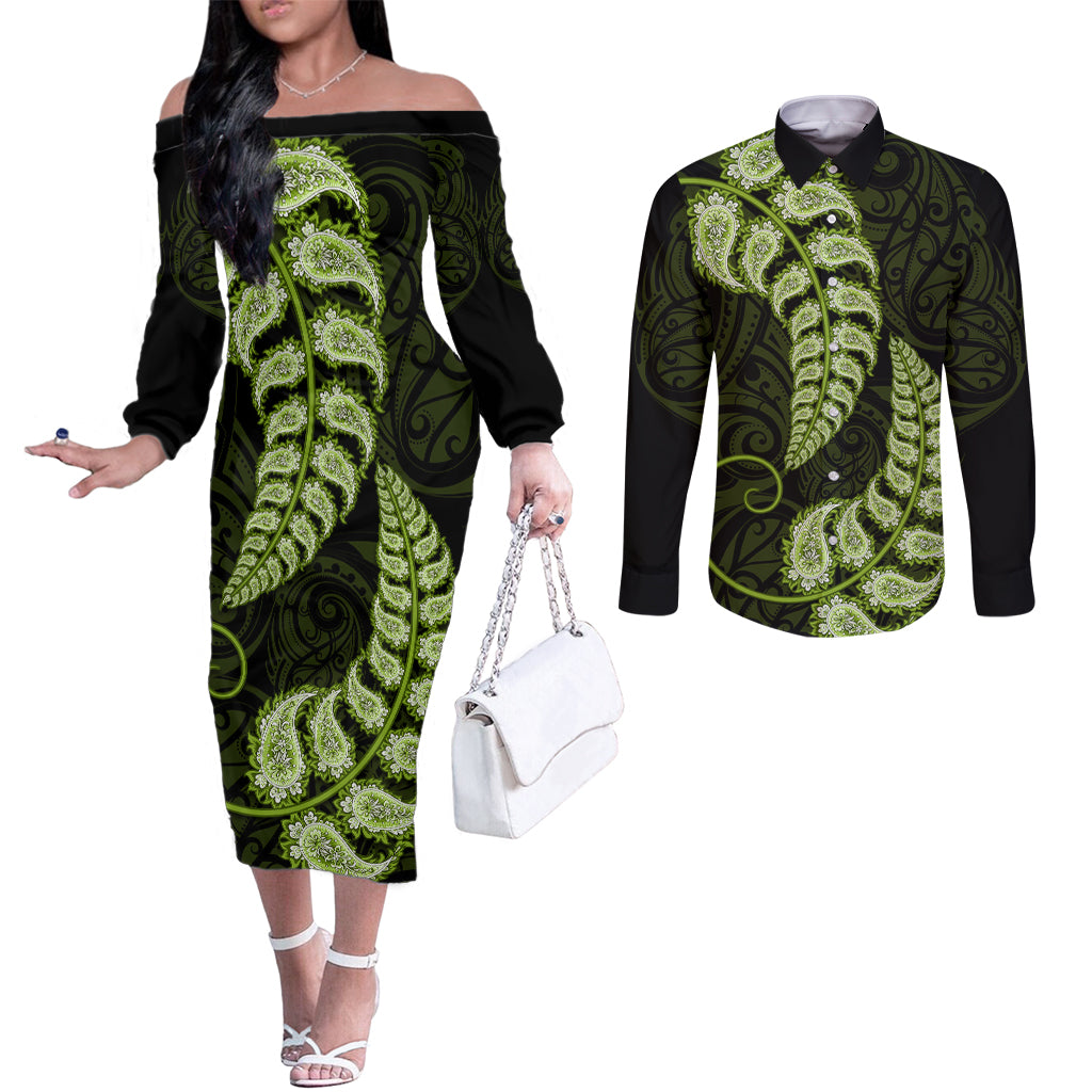 green-new-zealand-paisley-silver-fern-couples-matching-off-the-shoulder-long-sleeve-dress-and-long-sleeve-button-shirt-aotearoa-maori