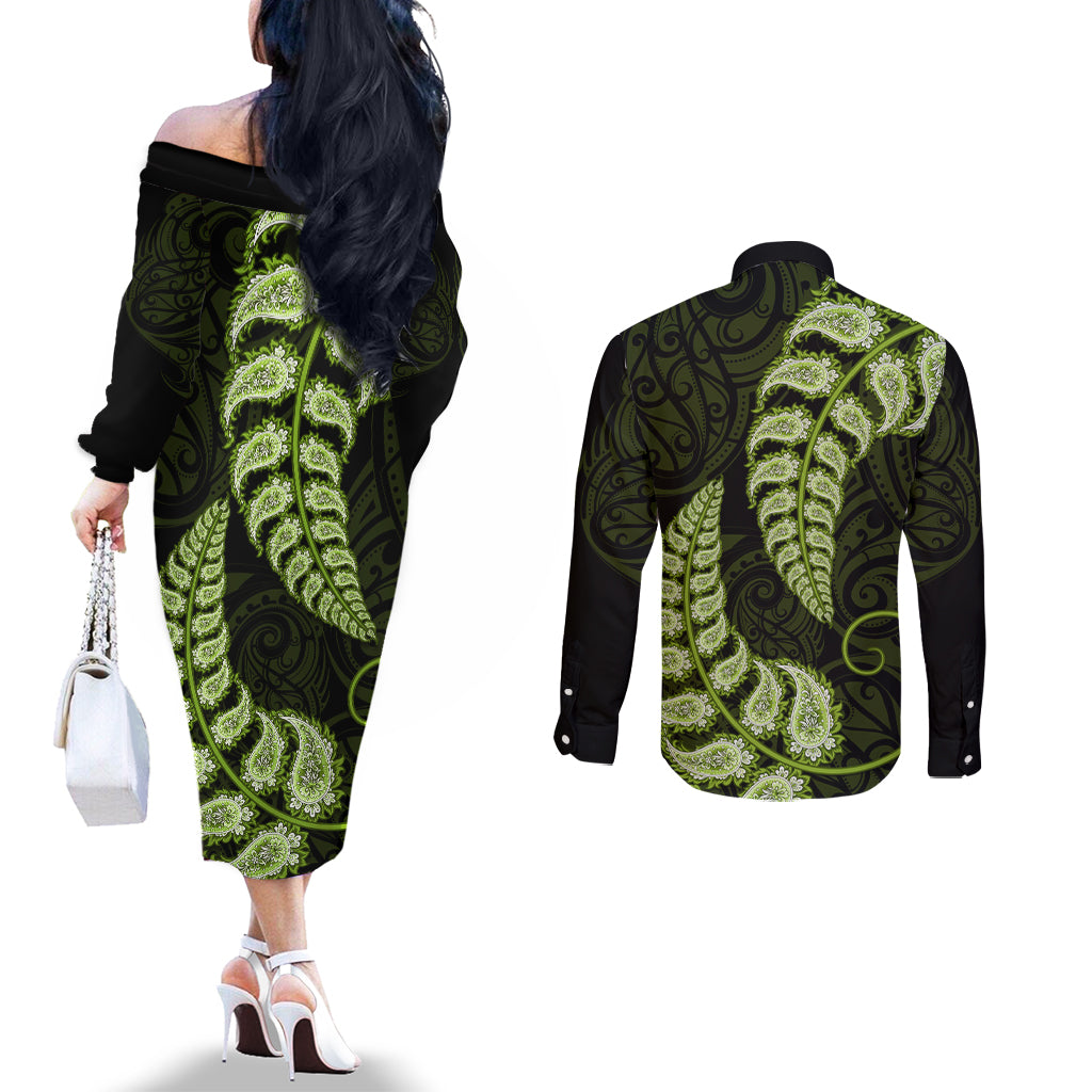 green-new-zealand-paisley-silver-fern-couples-matching-off-the-shoulder-long-sleeve-dress-and-long-sleeve-button-shirt-aotearoa-maori