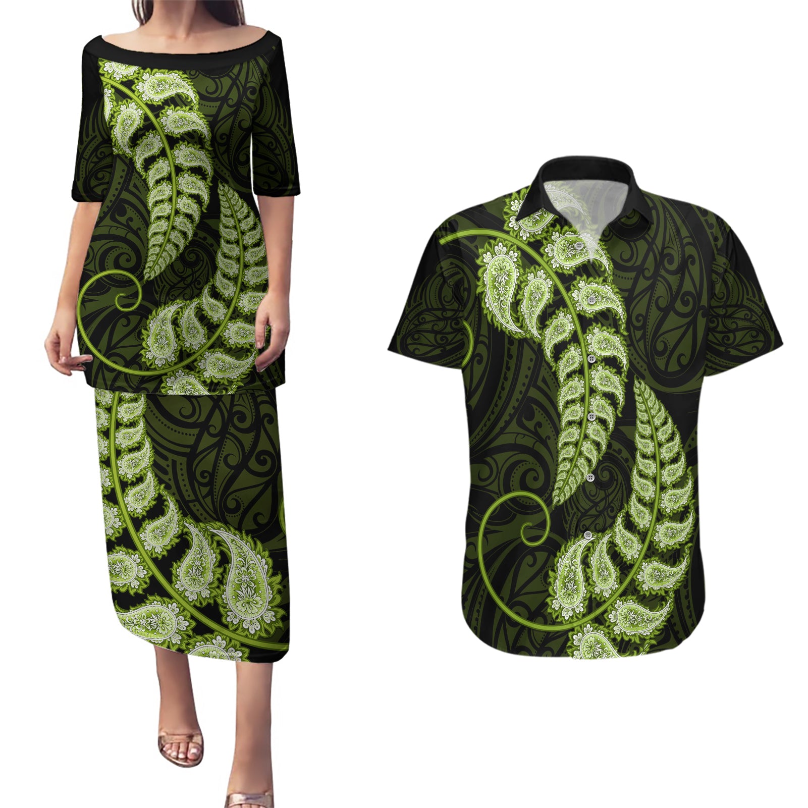 green-new-zealand-paisley-silver-fern-couples-matching-puletasi-dress-and-hawaiian-shirt-aotearoa-maori