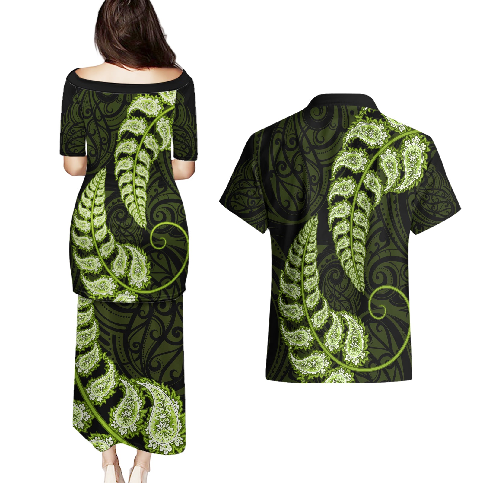 green-new-zealand-paisley-silver-fern-couples-matching-puletasi-dress-and-hawaiian-shirt-aotearoa-maori