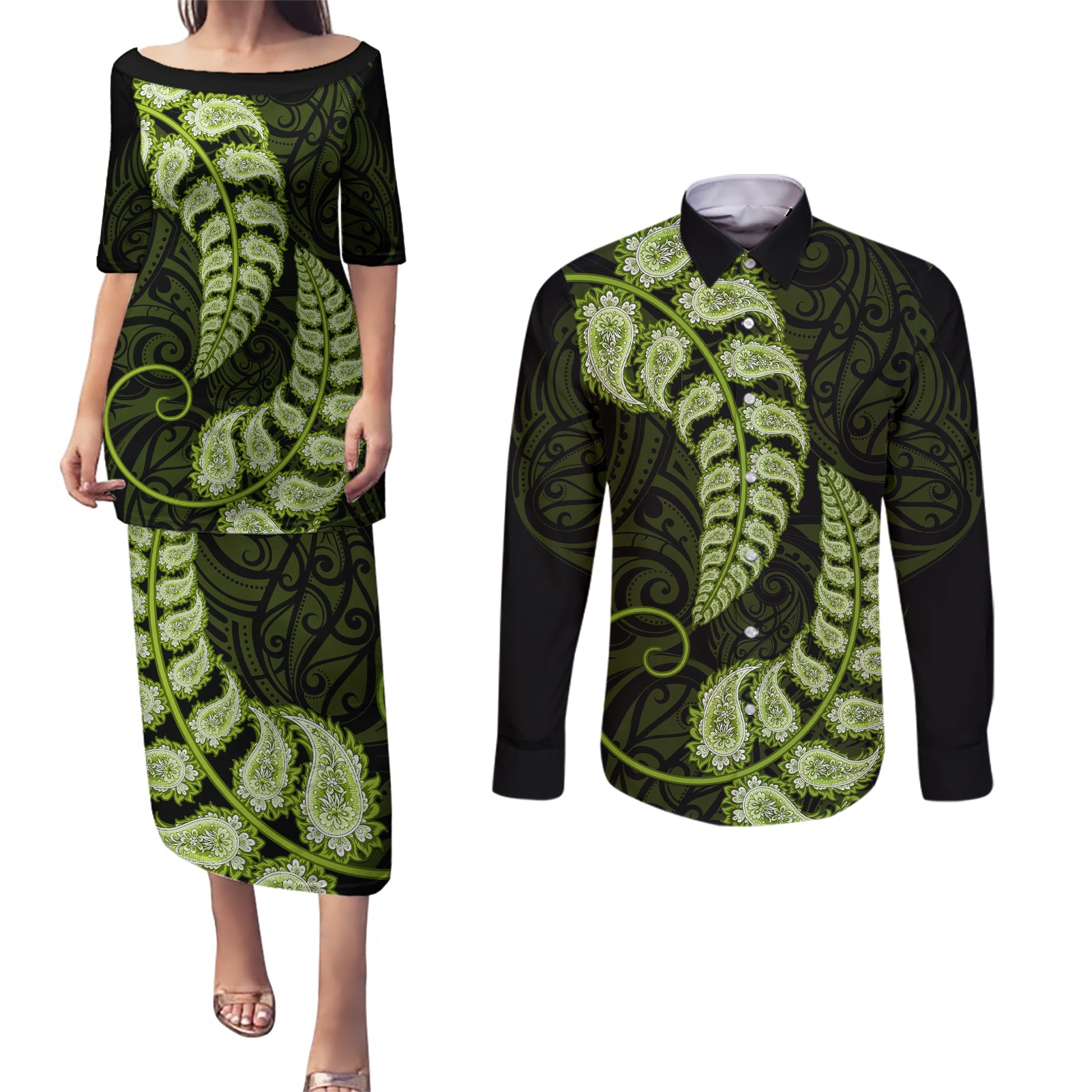 green-new-zealand-paisley-silver-fern-couples-matching-puletasi-dress-and-long-sleeve-button-shirt-aotearoa-maori