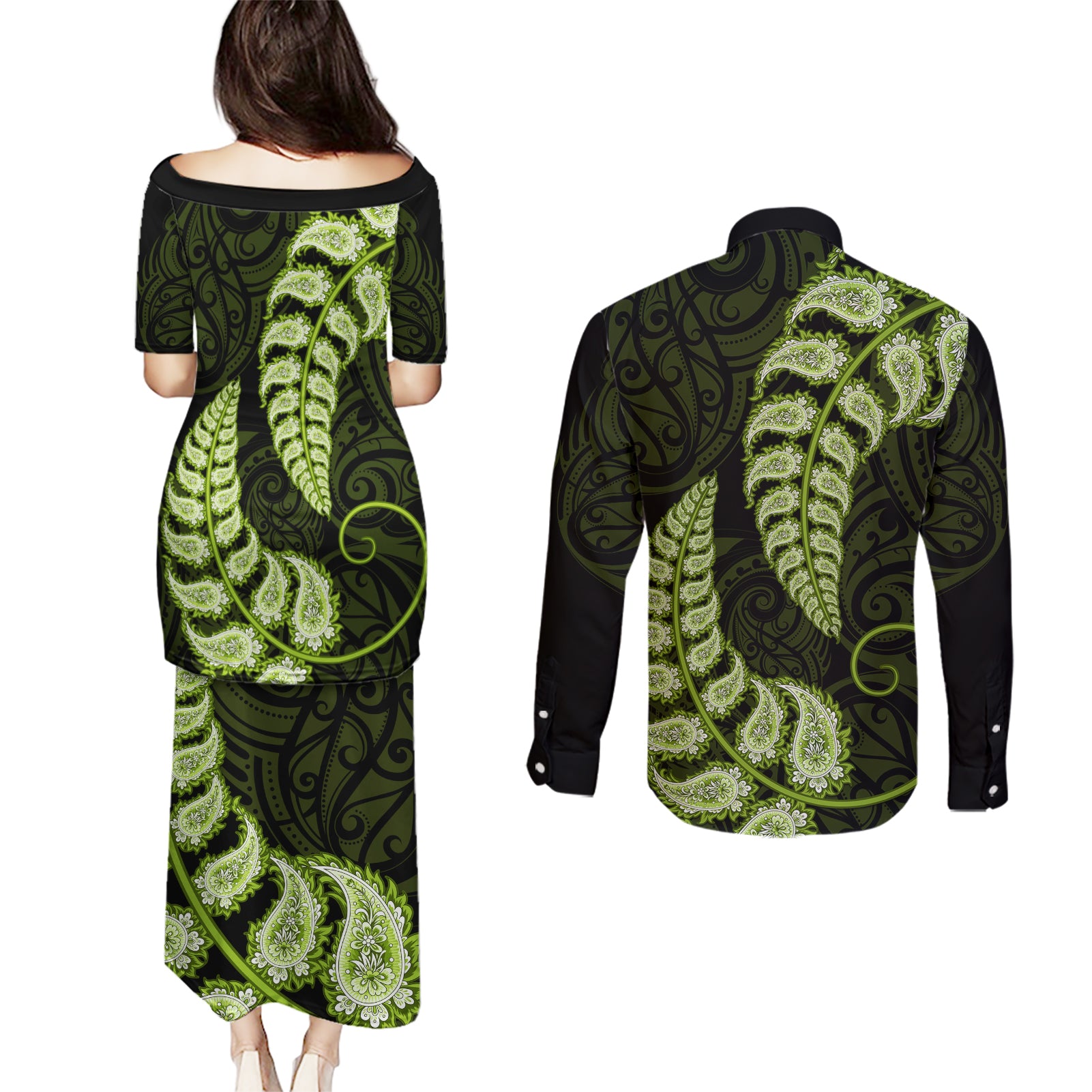 green-new-zealand-paisley-silver-fern-couples-matching-puletasi-dress-and-long-sleeve-button-shirt-aotearoa-maori