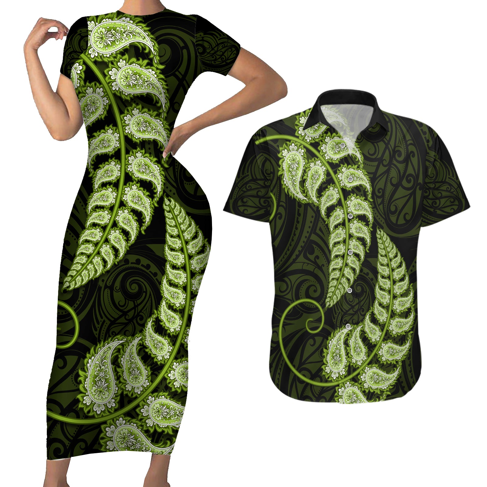 green-new-zealand-paisley-silver-fern-couples-matching-short-sleeve-bodycon-dress-and-hawaiian-shirt-aotearoa-maori