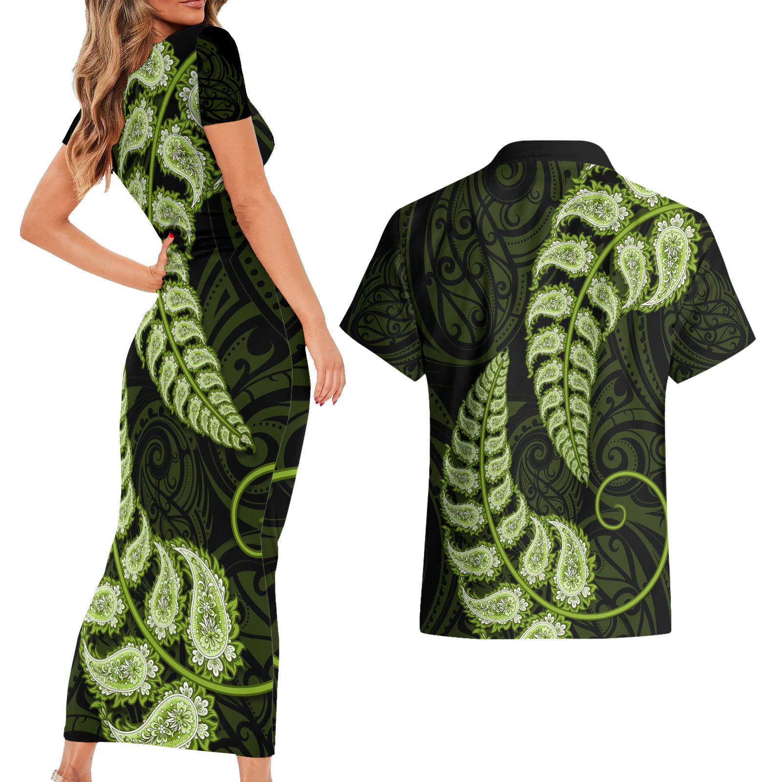 green-new-zealand-paisley-silver-fern-couples-matching-short-sleeve-bodycon-dress-and-hawaiian-shirt-aotearoa-maori