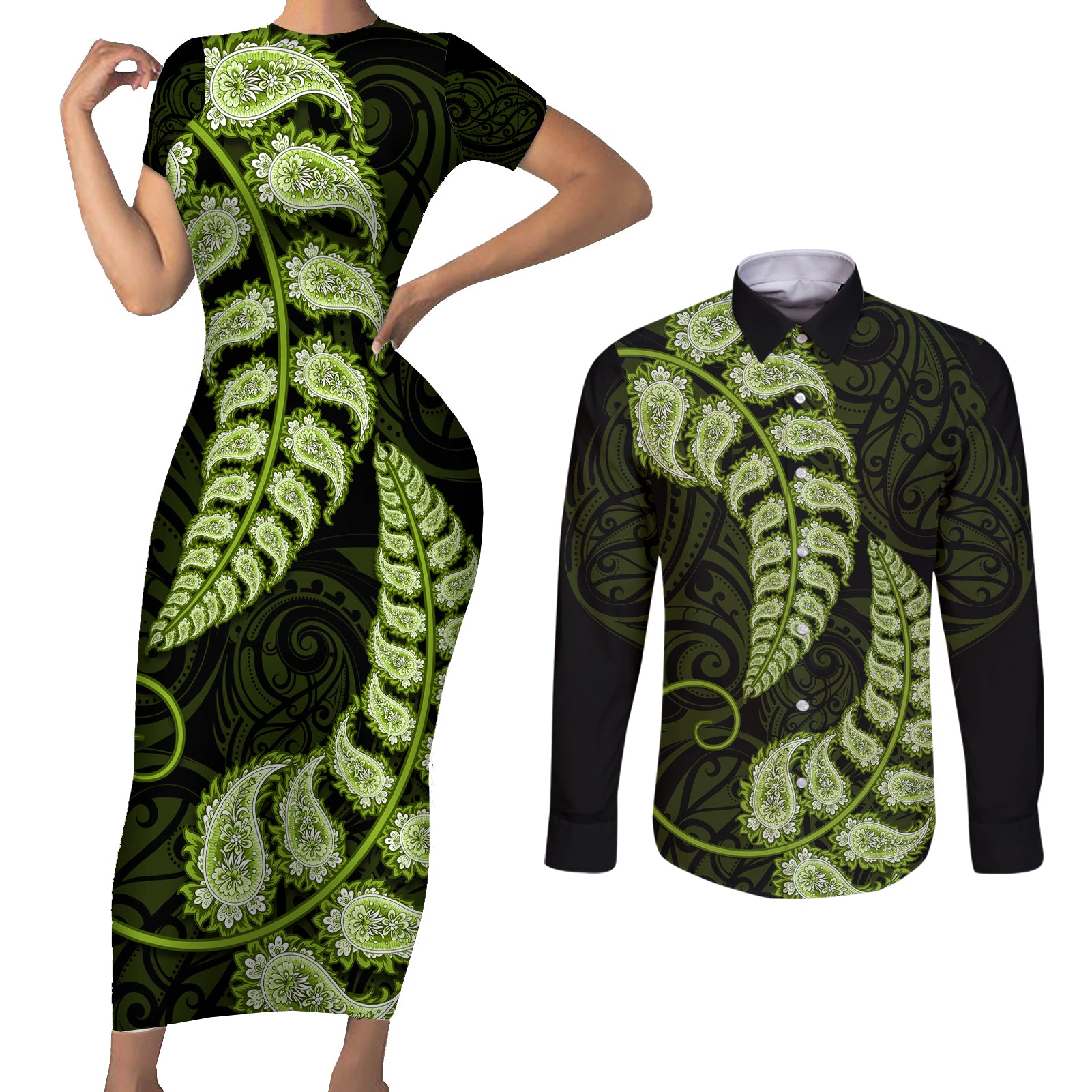 green-new-zealand-paisley-silver-fern-couples-matching-short-sleeve-bodycon-dress-and-long-sleeve-button-shirt-aotearoa-maori