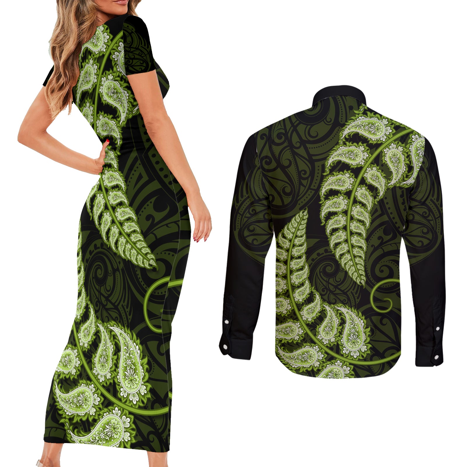 green-new-zealand-paisley-silver-fern-couples-matching-short-sleeve-bodycon-dress-and-long-sleeve-button-shirt-aotearoa-maori