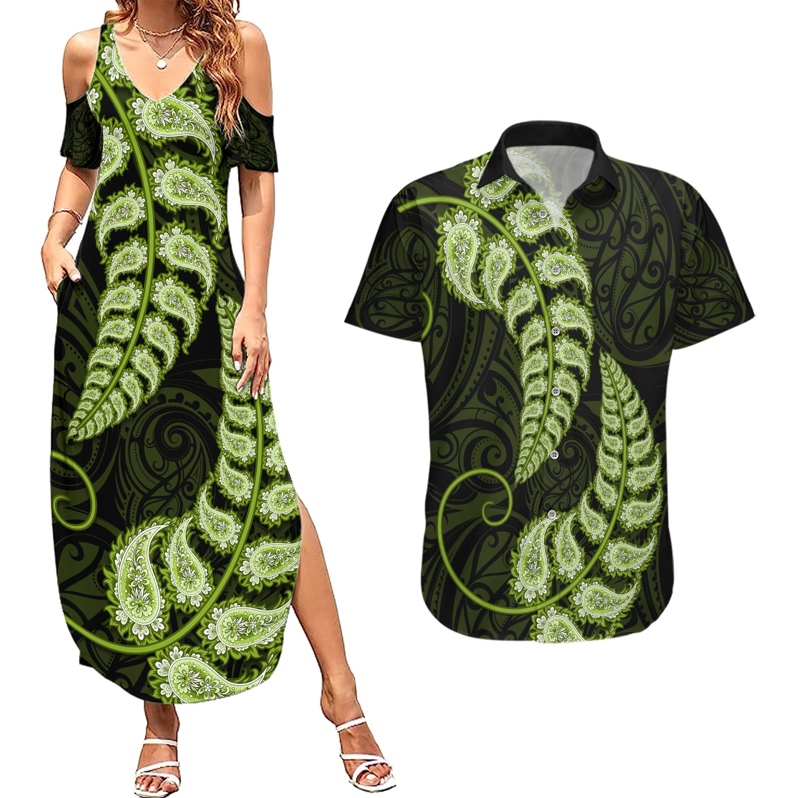 green-new-zealand-paisley-silver-fern-couples-matching-summer-maxi-dress-and-hawaiian-shirt-aotearoa-maori