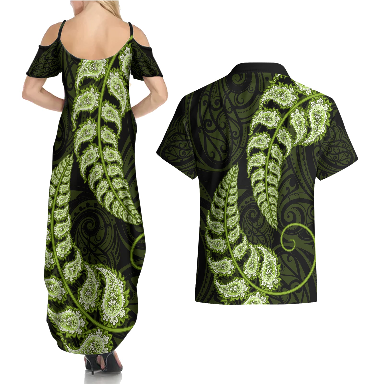 green-new-zealand-paisley-silver-fern-couples-matching-summer-maxi-dress-and-hawaiian-shirt-aotearoa-maori