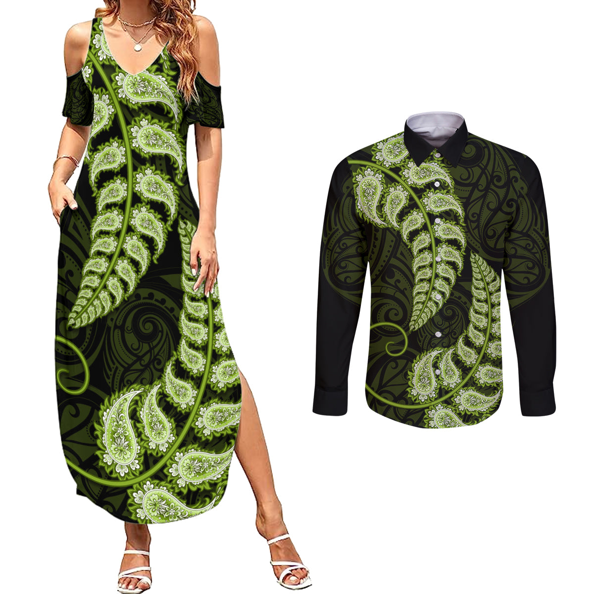 green-new-zealand-paisley-silver-fern-couples-matching-summer-maxi-dress-and-long-sleeve-button-shirt-aotearoa-maori