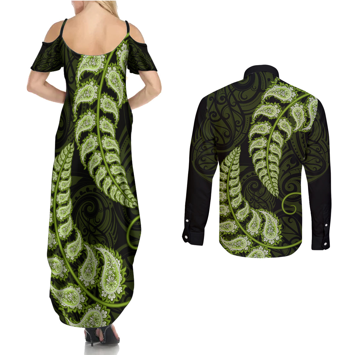 green-new-zealand-paisley-silver-fern-couples-matching-summer-maxi-dress-and-long-sleeve-button-shirt-aotearoa-maori