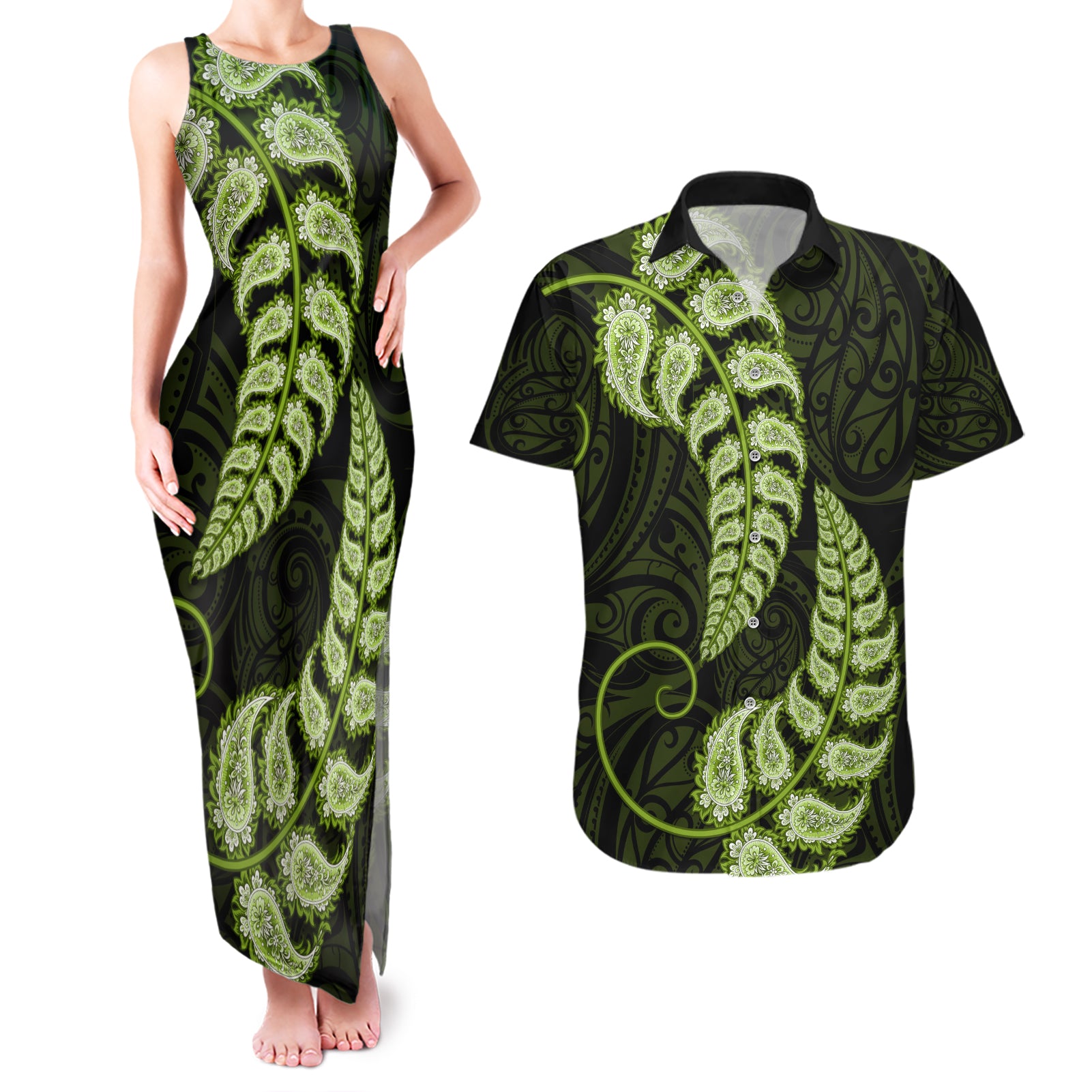 green-new-zealand-paisley-silver-fern-couples-matching-tank-maxi-dress-and-hawaiian-shirt-aotearoa-maori