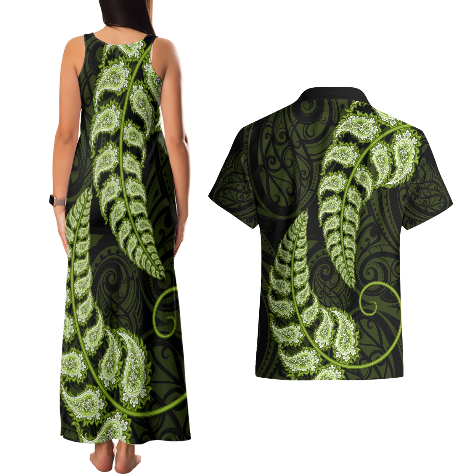 green-new-zealand-paisley-silver-fern-couples-matching-tank-maxi-dress-and-hawaiian-shirt-aotearoa-maori