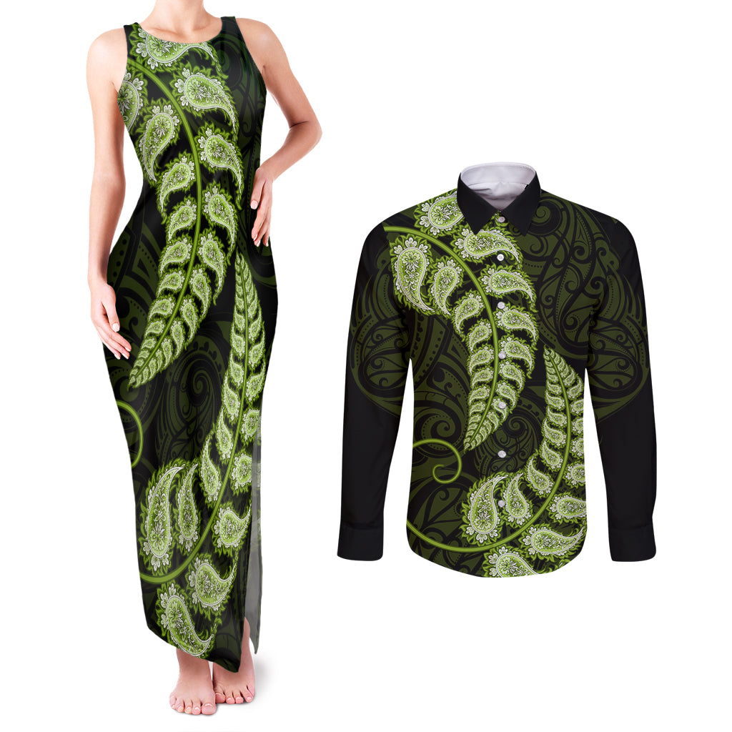 green-new-zealand-paisley-silver-fern-couples-matching-tank-maxi-dress-and-long-sleeve-button-shirt-aotearoa-maori