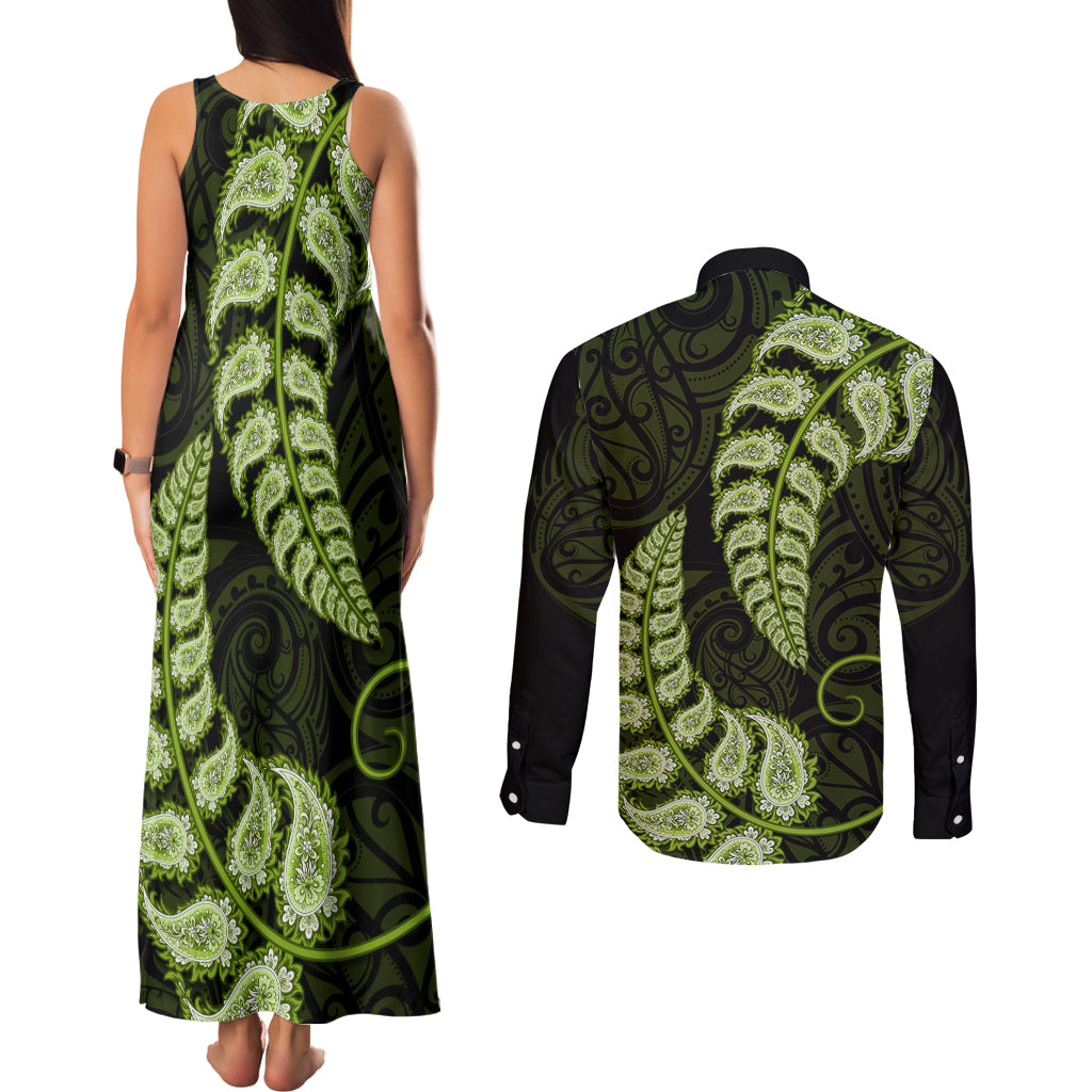 green-new-zealand-paisley-silver-fern-couples-matching-tank-maxi-dress-and-long-sleeve-button-shirt-aotearoa-maori