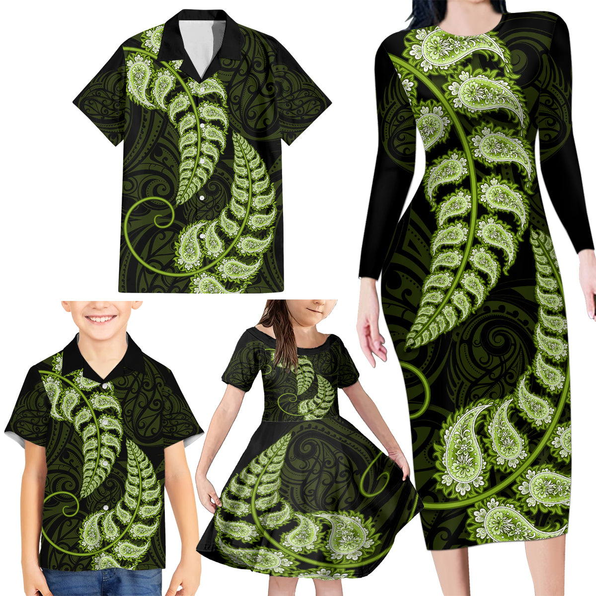 green-new-zealand-paisley-silver-fern-family-matching-long-sleeve-bodycon-dress-and-hawaiian-shirt-aotearoa-maori