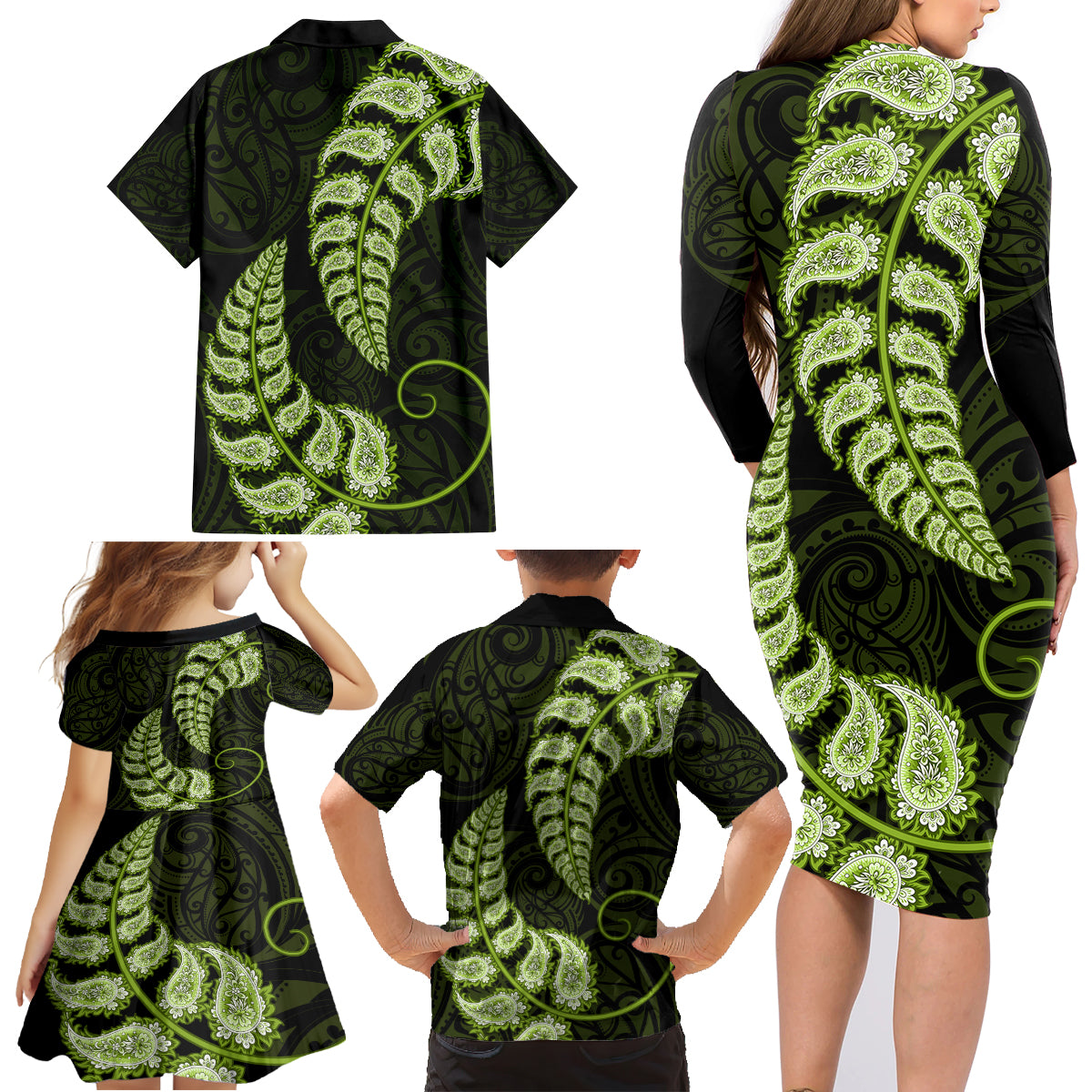 green-new-zealand-paisley-silver-fern-family-matching-long-sleeve-bodycon-dress-and-hawaiian-shirt-aotearoa-maori