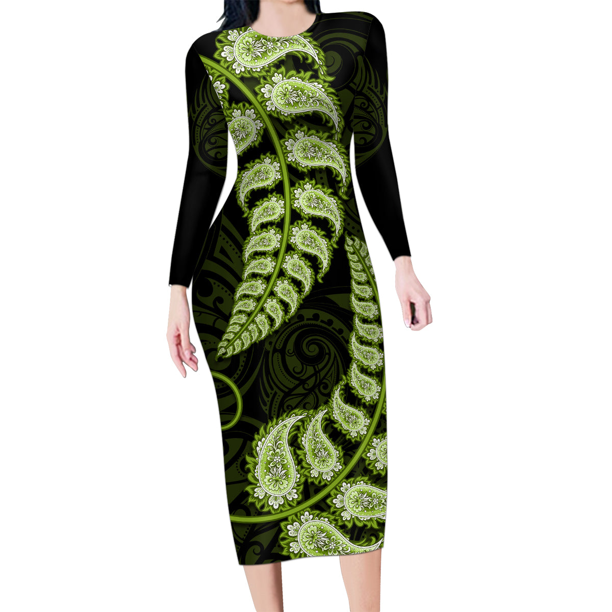 green-new-zealand-paisley-silver-fern-family-matching-long-sleeve-bodycon-dress-and-hawaiian-shirt-aotearoa-maori