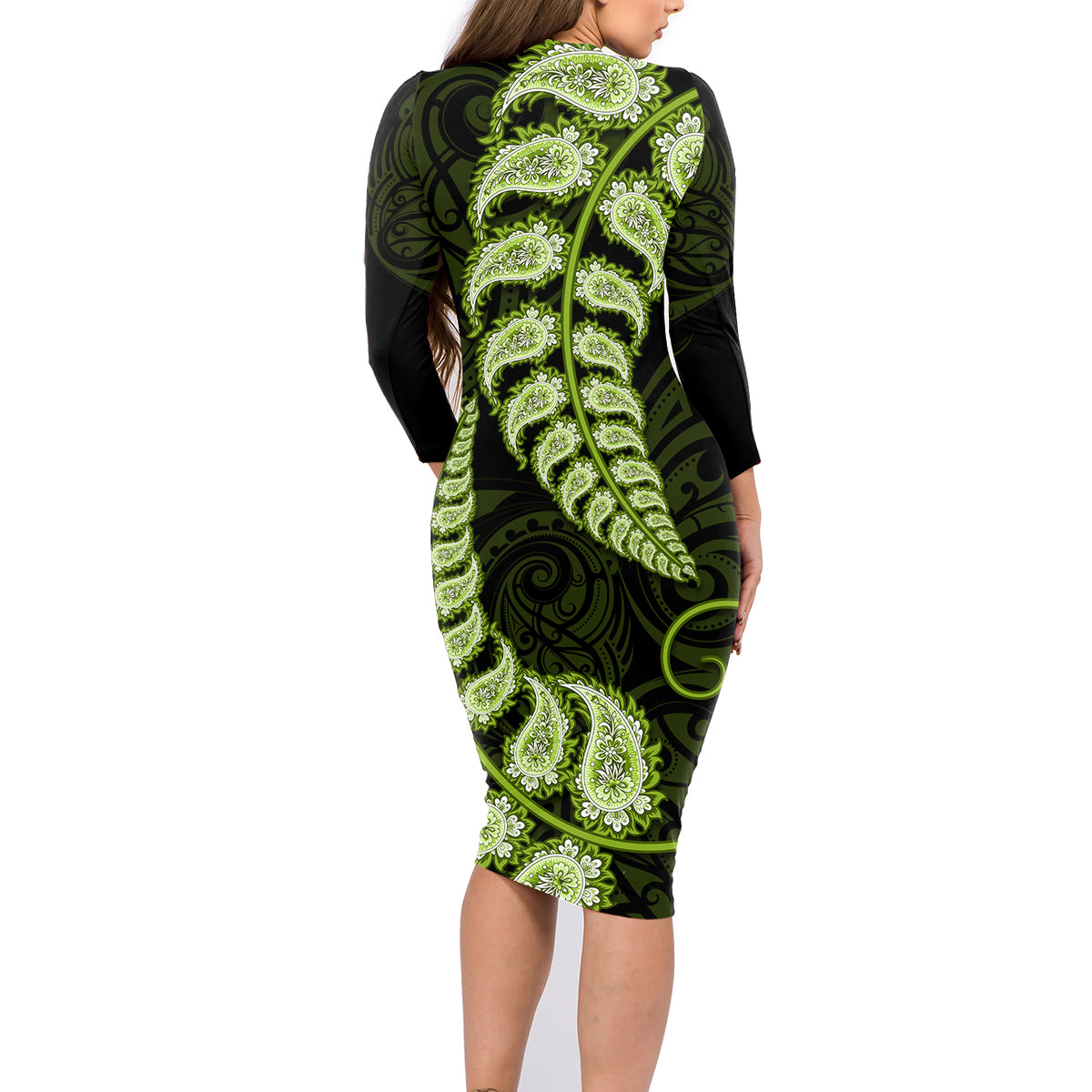 green-new-zealand-paisley-silver-fern-family-matching-long-sleeve-bodycon-dress-and-hawaiian-shirt-aotearoa-maori