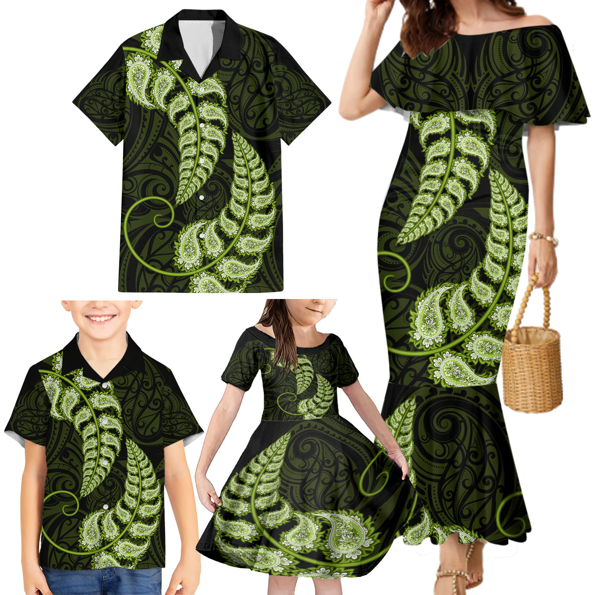 green-new-zealand-paisley-silver-fern-family-matching-mermaid-dress-and-hawaiian-shirt-aotearoa-maori