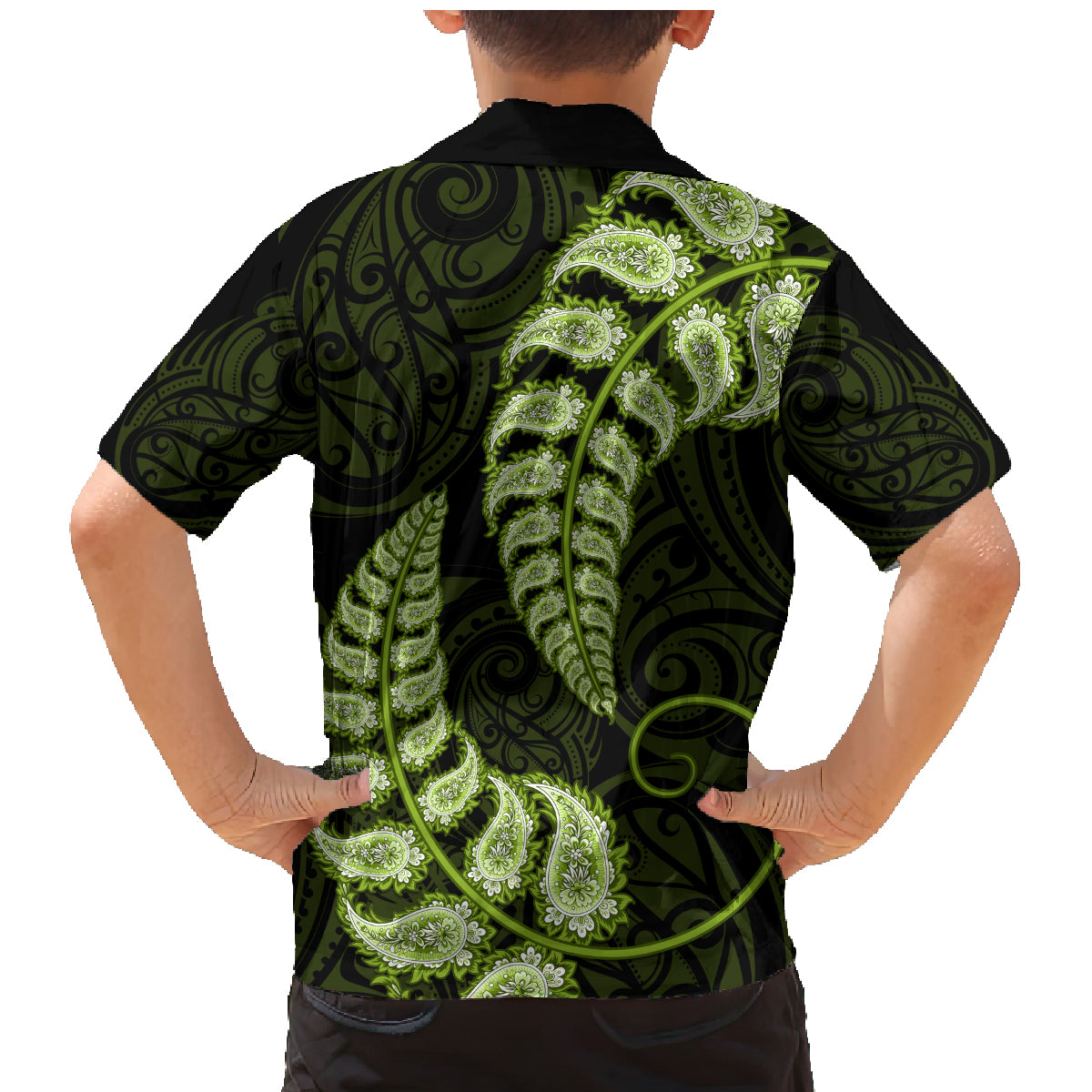 green-new-zealand-paisley-silver-fern-family-matching-mermaid-dress-and-hawaiian-shirt-aotearoa-maori