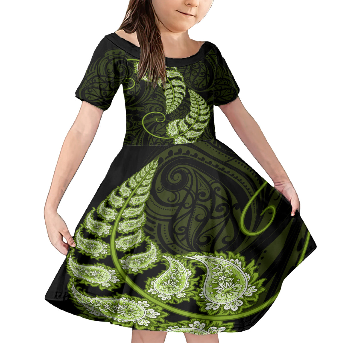 green-new-zealand-paisley-silver-fern-family-matching-mermaid-dress-and-hawaiian-shirt-aotearoa-maori