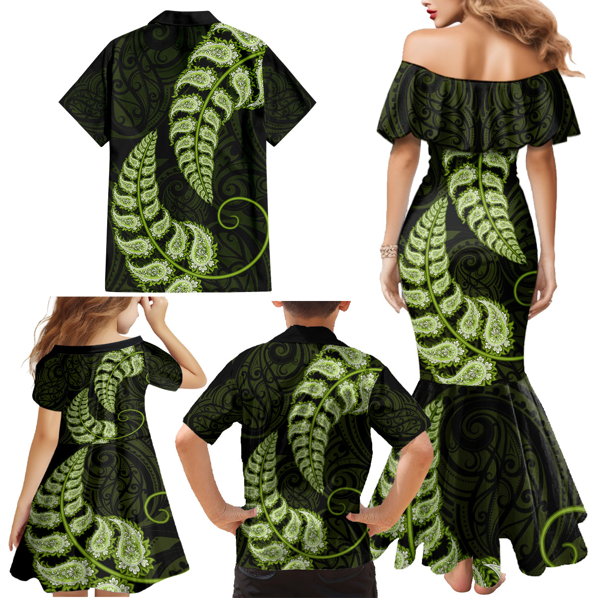 green-new-zealand-paisley-silver-fern-family-matching-mermaid-dress-and-hawaiian-shirt-aotearoa-maori